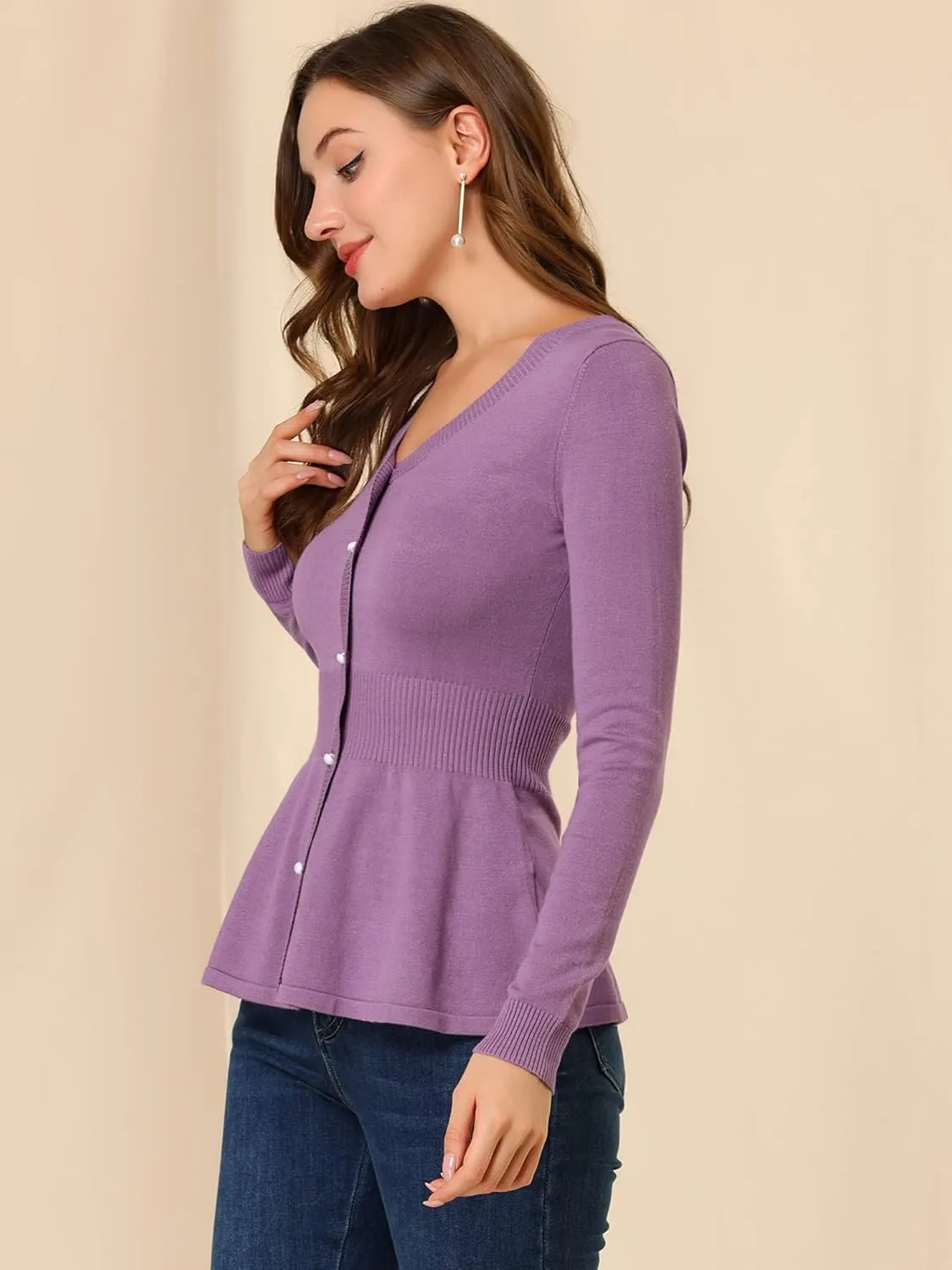 Allegra K Women's Peplum Sweater Ribbed V Neck Long Sleeve Knit Peplum Tops