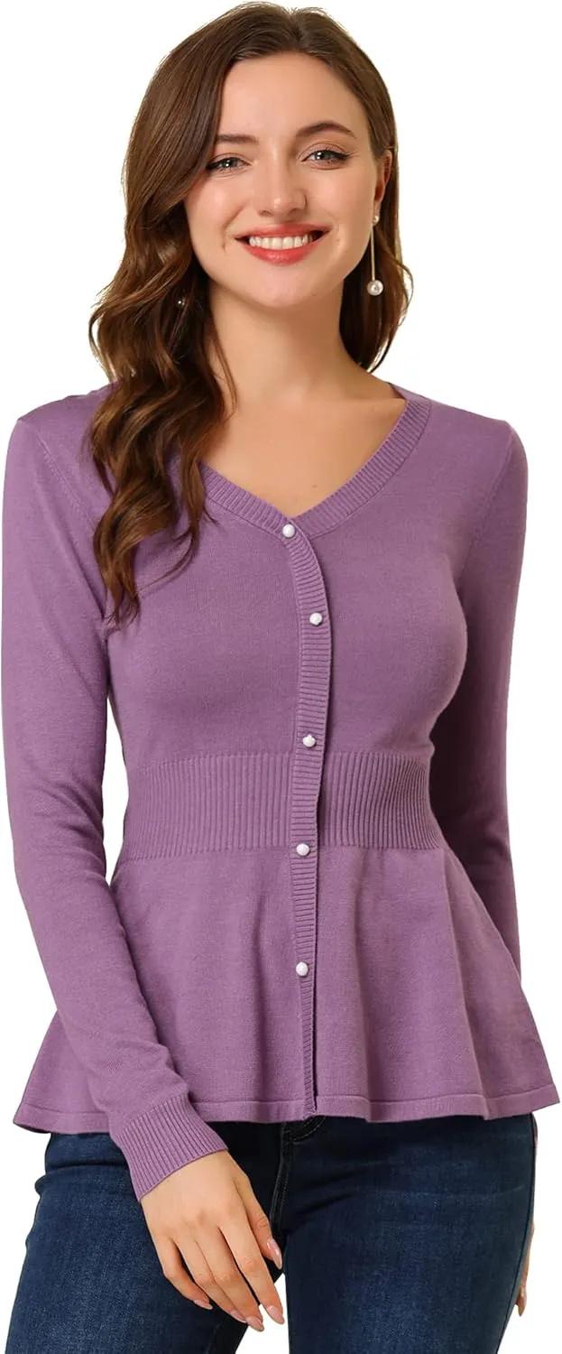 Allegra K Women's Peplum Sweater Ribbed V Neck Long Sleeve Knit Peplum Tops