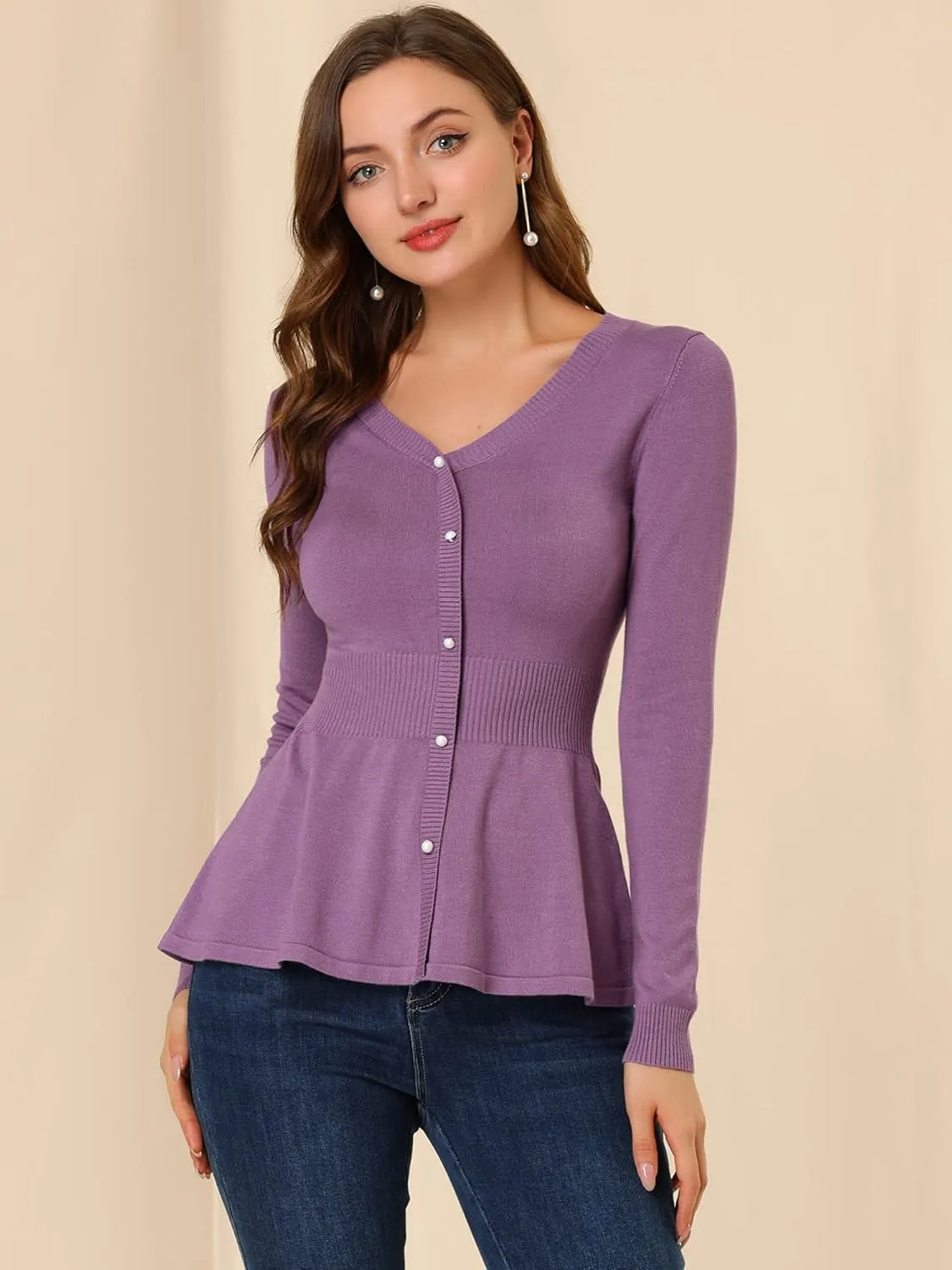 Allegra K Women's Peplum Sweater Ribbed V Neck Long Sleeve Knit Peplum Tops