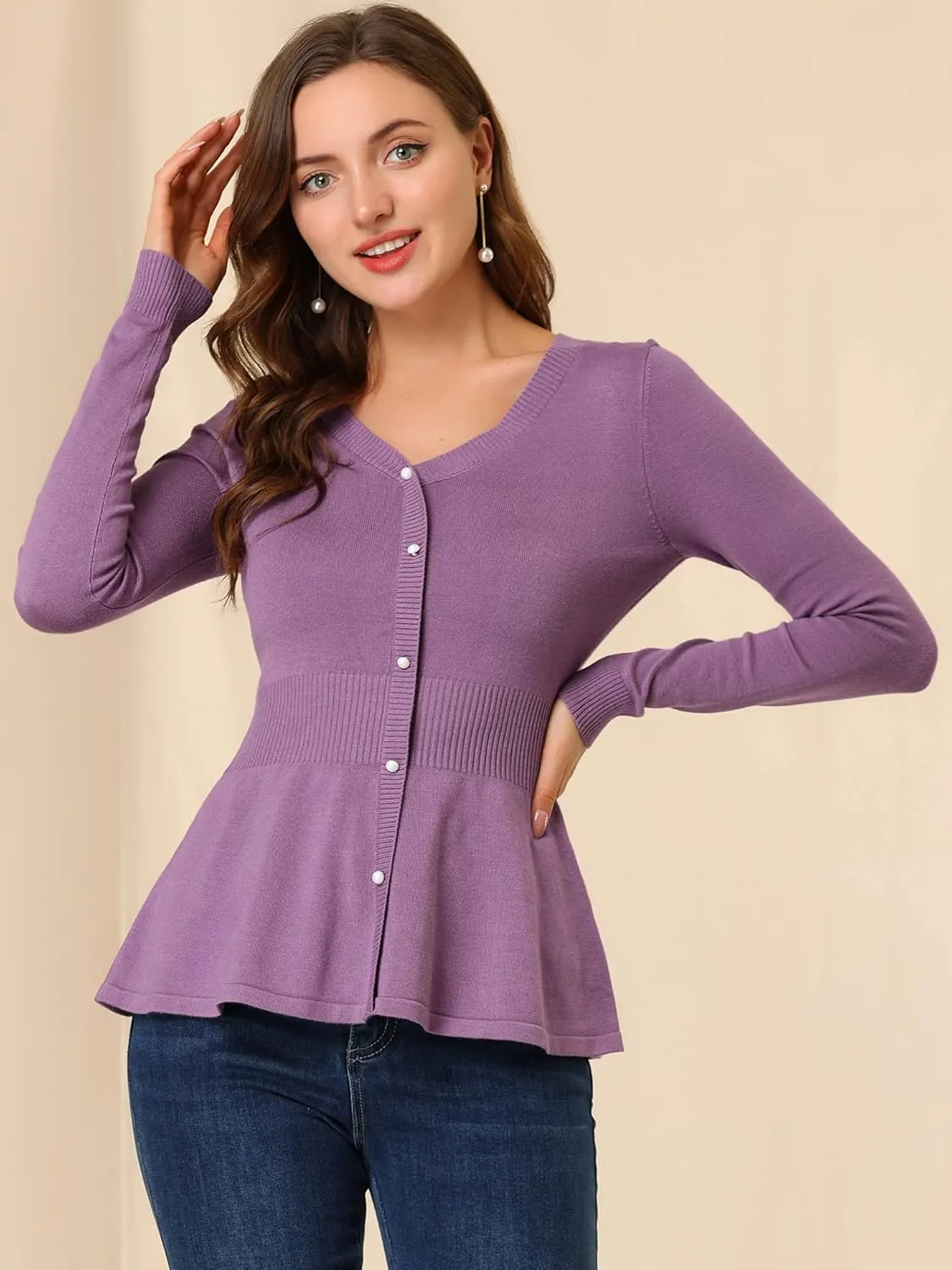 Allegra K Women's Peplum Sweater Ribbed V Neck Long Sleeve Knit Peplum Tops