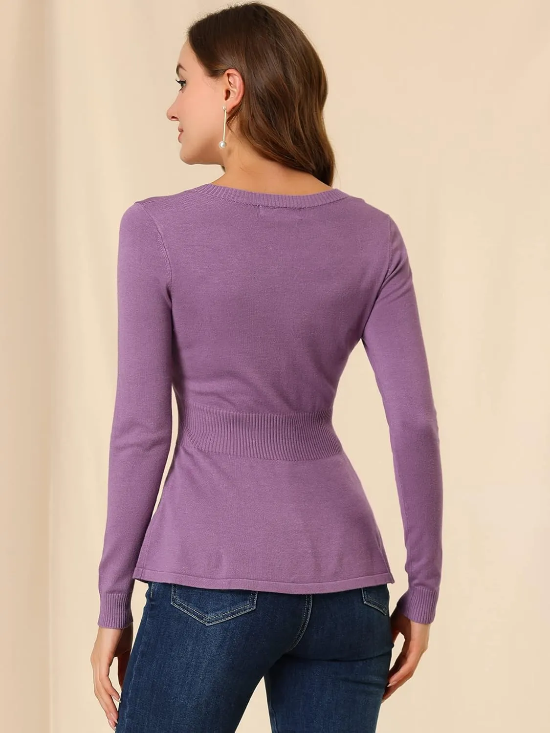 Allegra K Women's Peplum Sweater Ribbed V Neck Long Sleeve Knit Peplum Tops