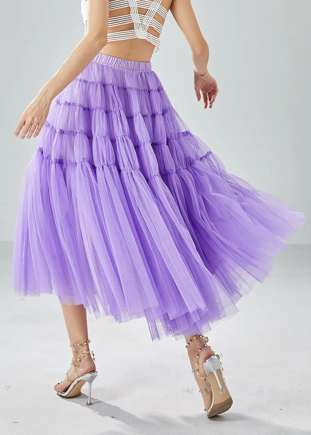Beautiful Purple Wrinkled Patchwork Pearl Tulle Skirts Summer LY6067