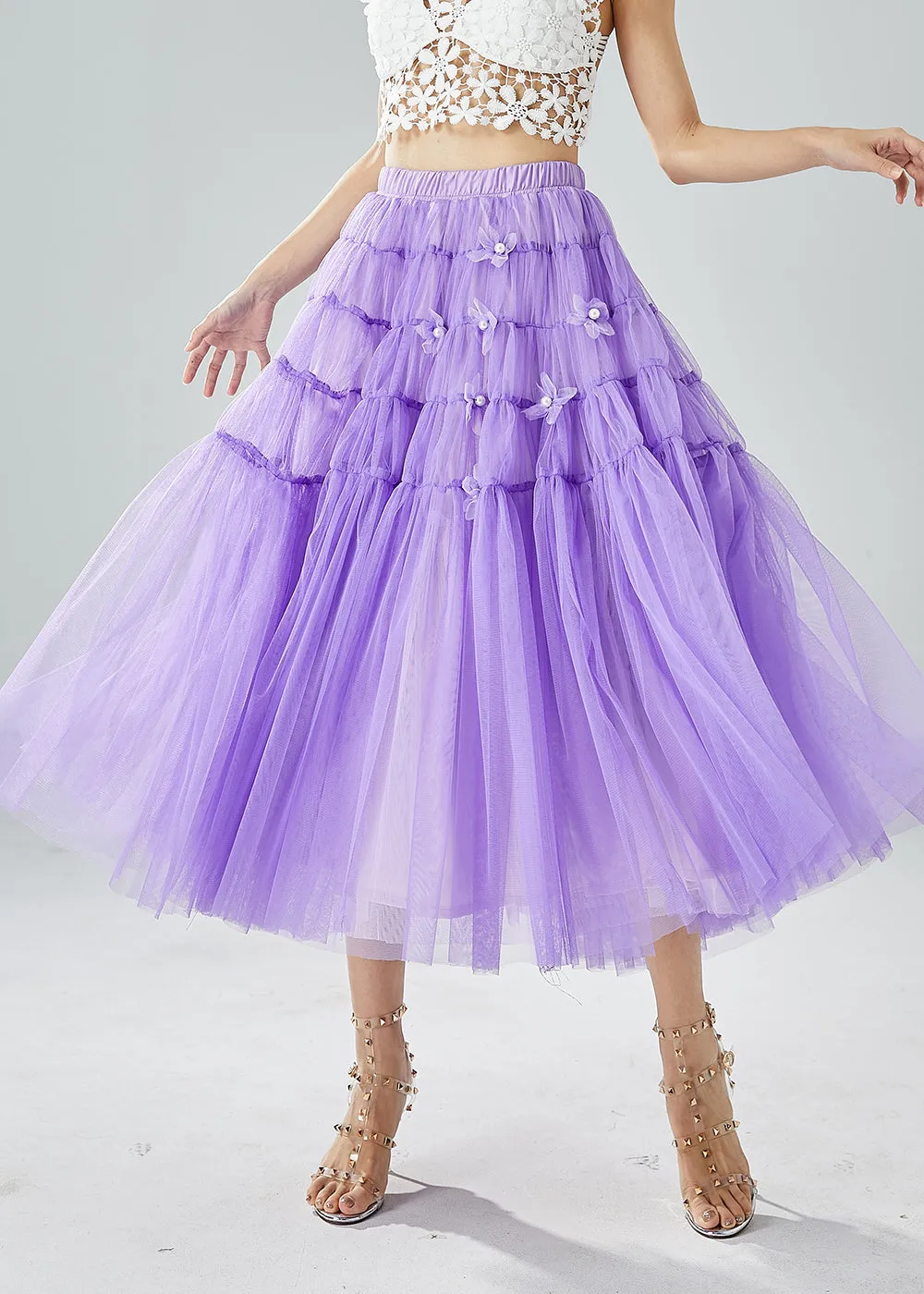 Beautiful Purple Wrinkled Patchwork Pearl Tulle Skirts Summer LY6067