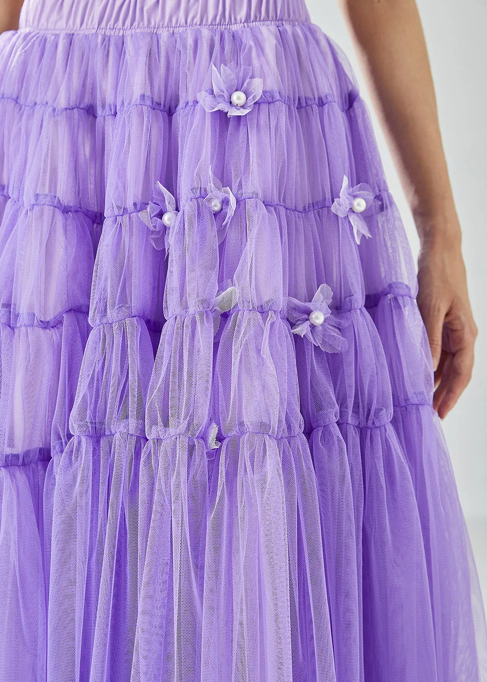 Beautiful Purple Wrinkled Patchwork Pearl Tulle Skirts Summer LY6067