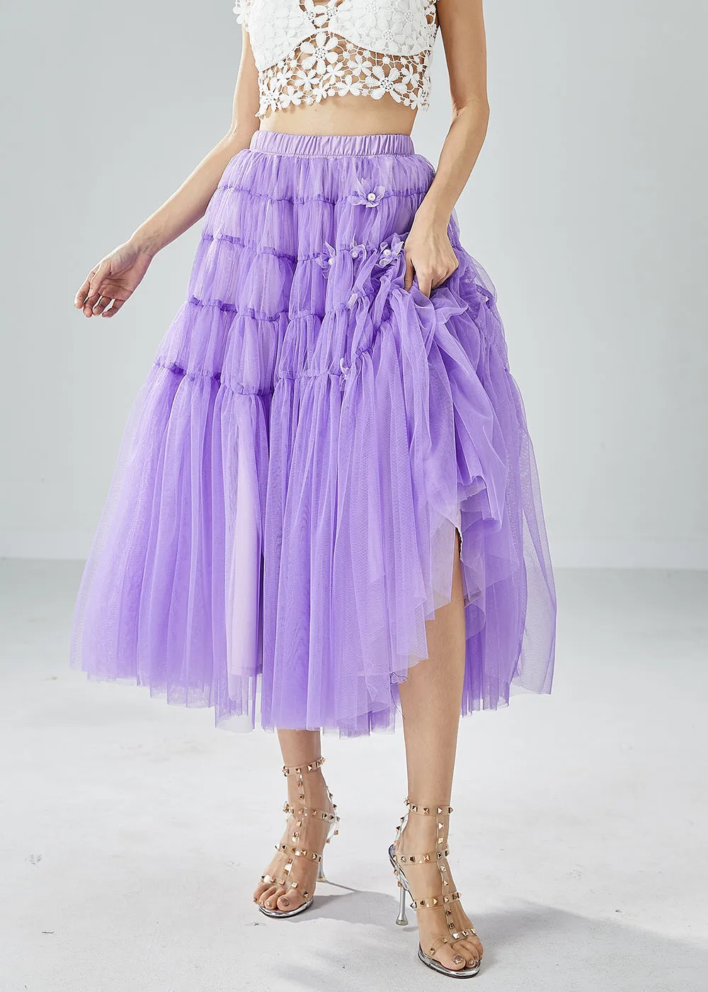 Beautiful Purple Wrinkled Patchwork Pearl Tulle Skirts Summer LY6067
