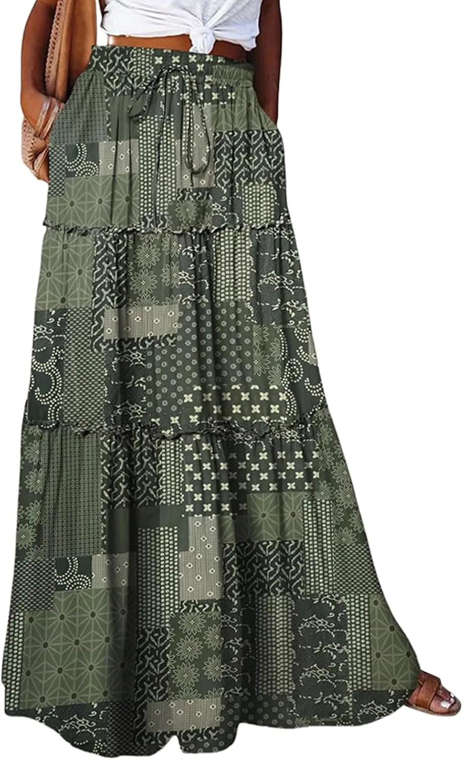 Boho Maxi Skirt for Women Tie Elastic High Waist Long Skirts Casual Summer Tiered Ruffle Trendy Skirt with Pockets