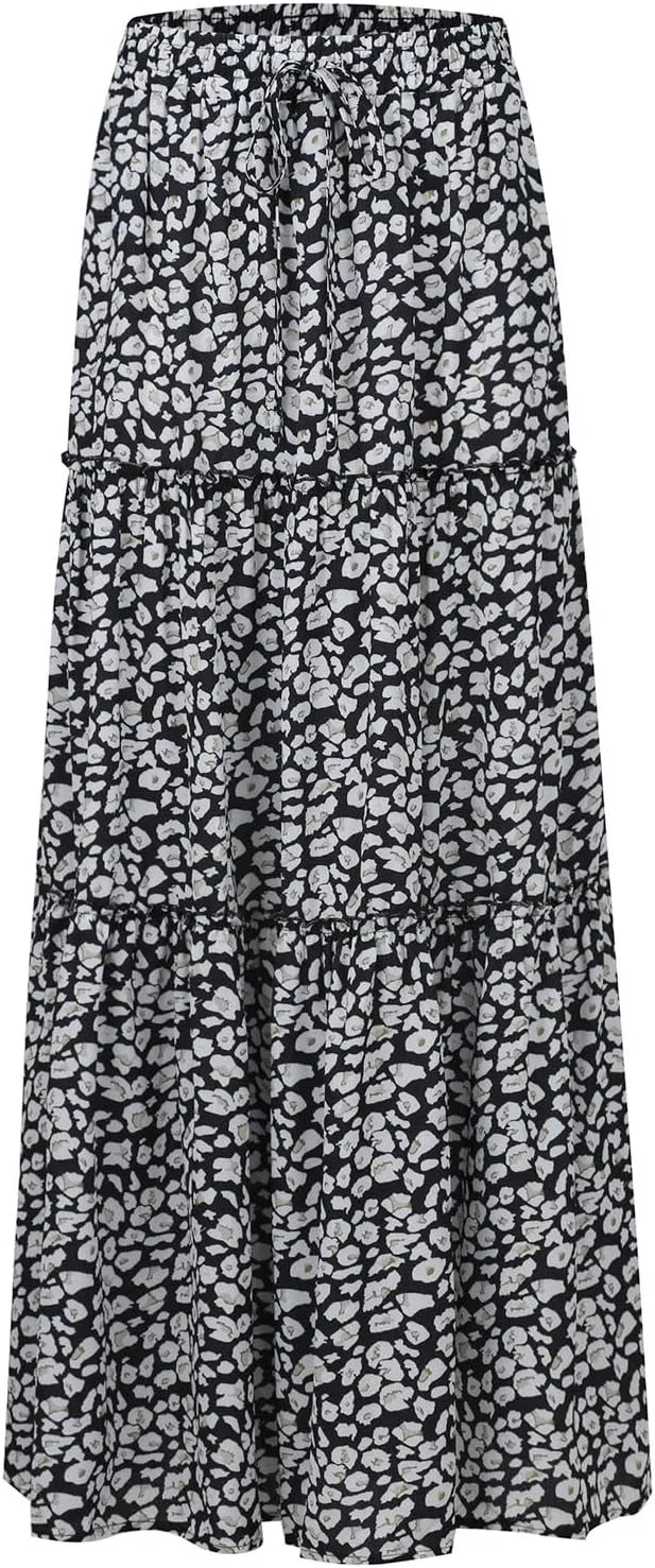 Boho Maxi Skirt for Women Tie Elastic High Waist Long Skirts Casual Summer Tiered Ruffle Trendy Skirt with Pockets