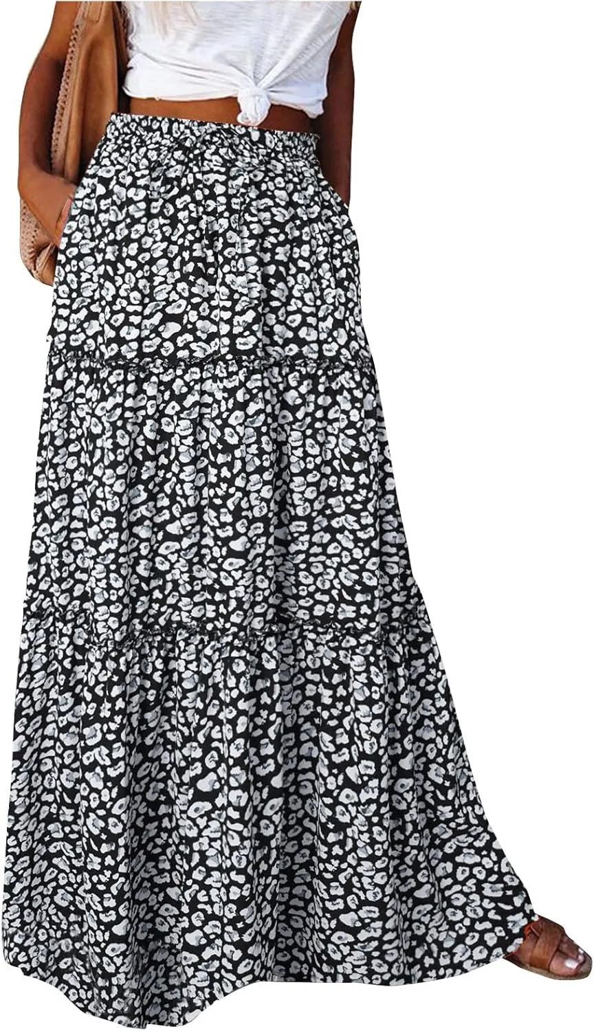 Boho Maxi Skirt for Women Tie Elastic High Waist Long Skirts Casual Summer Tiered Ruffle Trendy Skirt with Pockets