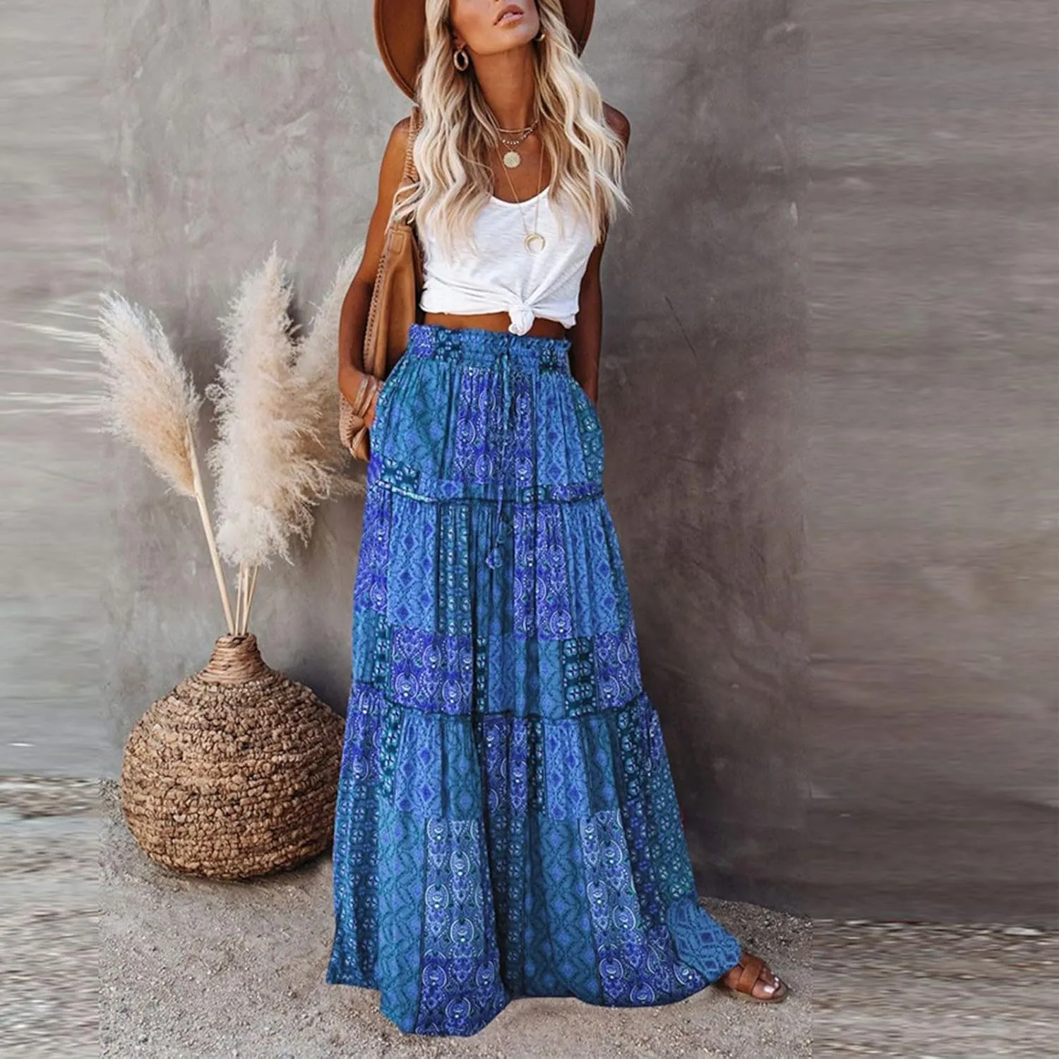 Boho Maxi Skirt for Women Tie Elastic High Waist Long Skirts Casual Summer Tiered Ruffle Trendy Skirt with Pockets