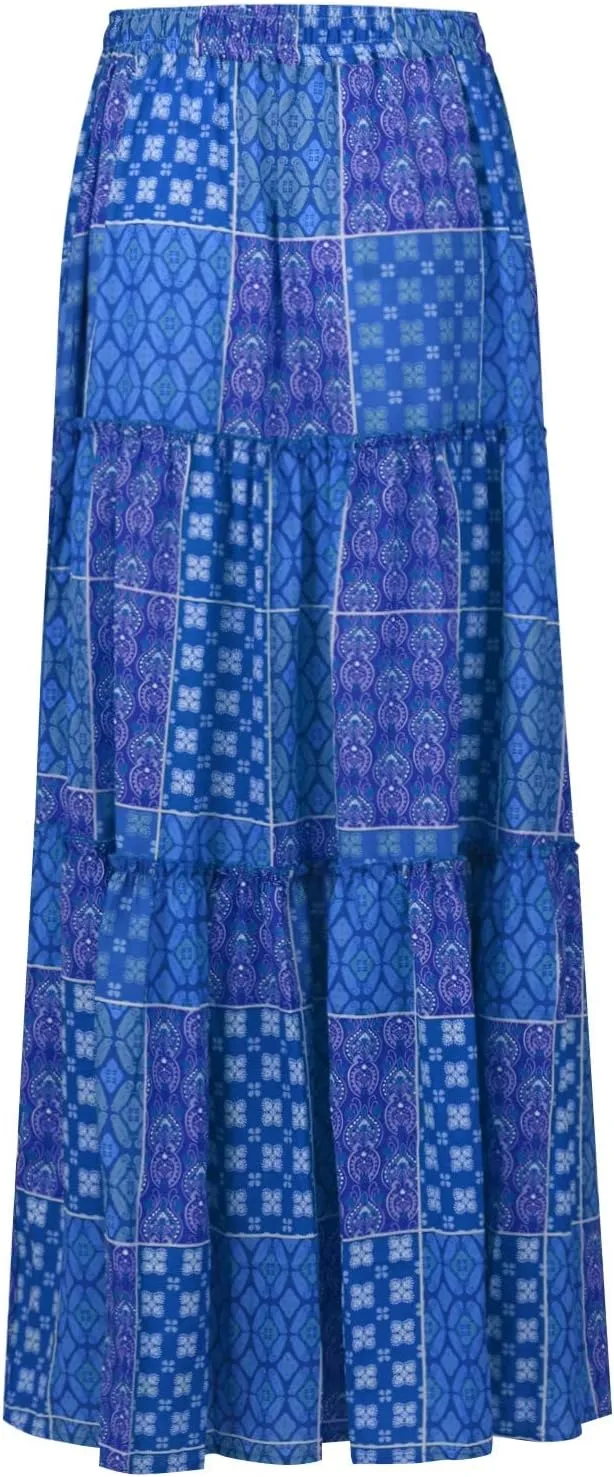 Boho Maxi Skirt for Women Tie Elastic High Waist Long Skirts Casual Summer Tiered Ruffle Trendy Skirt with Pockets