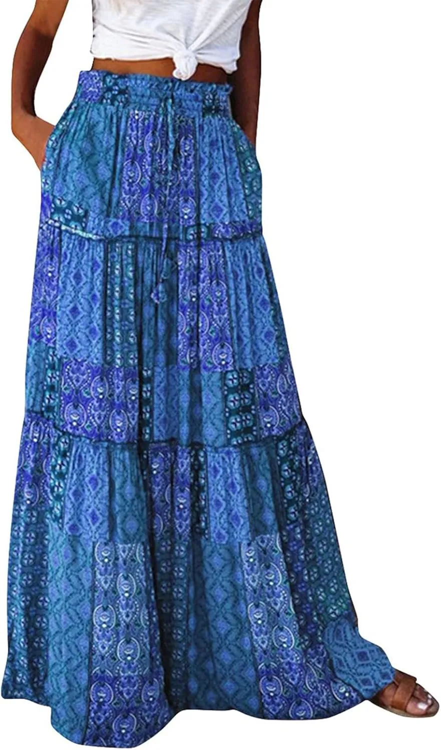 Boho Maxi Skirt for Women Tie Elastic High Waist Long Skirts Casual Summer Tiered Ruffle Trendy Skirt with Pockets