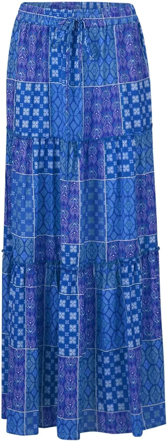 Boho Maxi Skirt for Women Tie Elastic High Waist Long Skirts Casual Summer Tiered Ruffle Trendy Skirt with Pockets