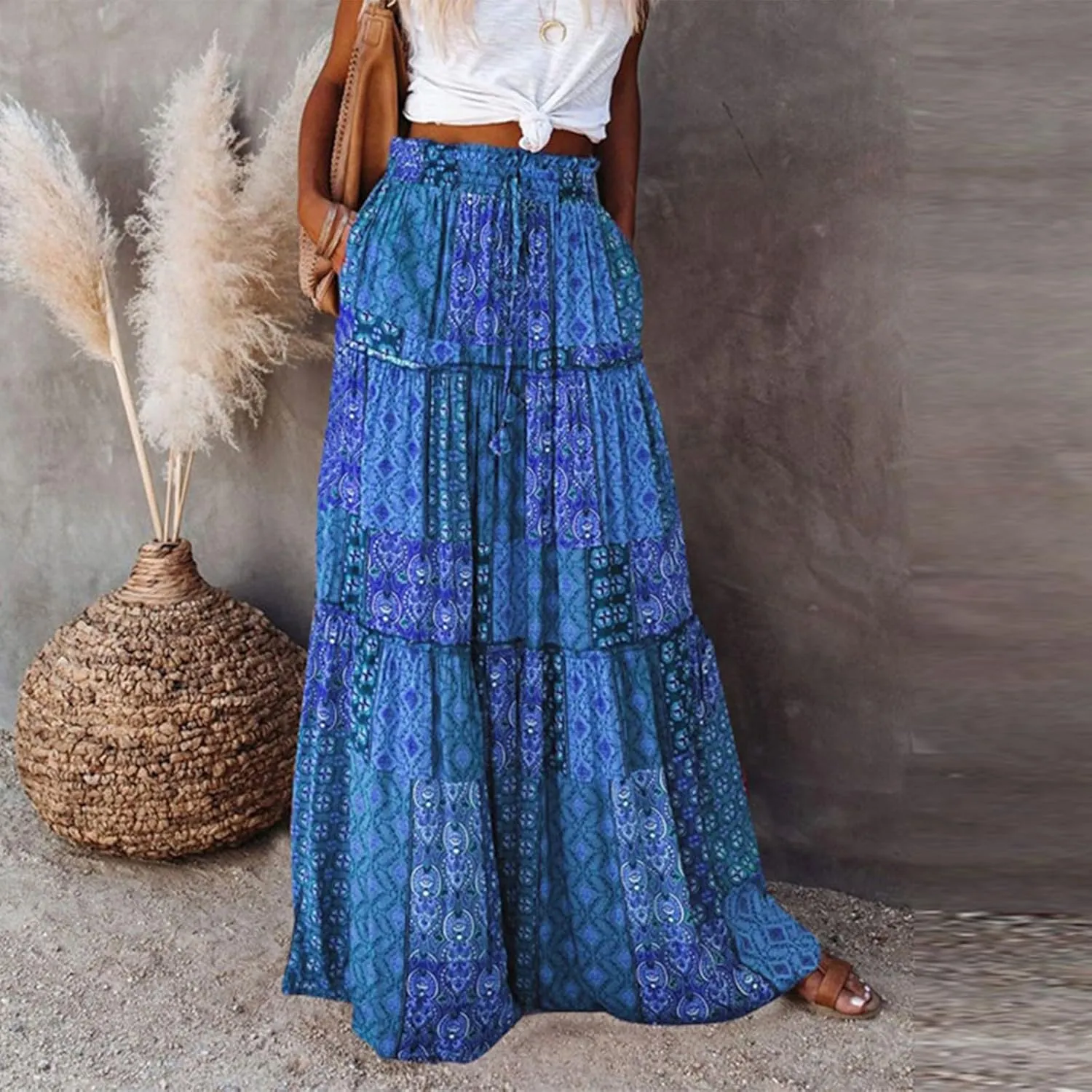 Boho Maxi Skirt for Women Tie Elastic High Waist Long Skirts Casual Summer Tiered Ruffle Trendy Skirt with Pockets