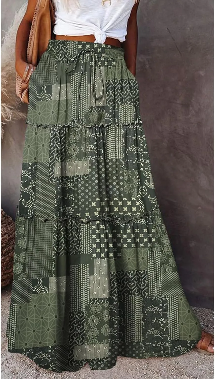 Boho Maxi Skirt for Women Tie Elastic High Waist Long Skirts Casual Summer Tiered Ruffle Trendy Skirt with Pockets