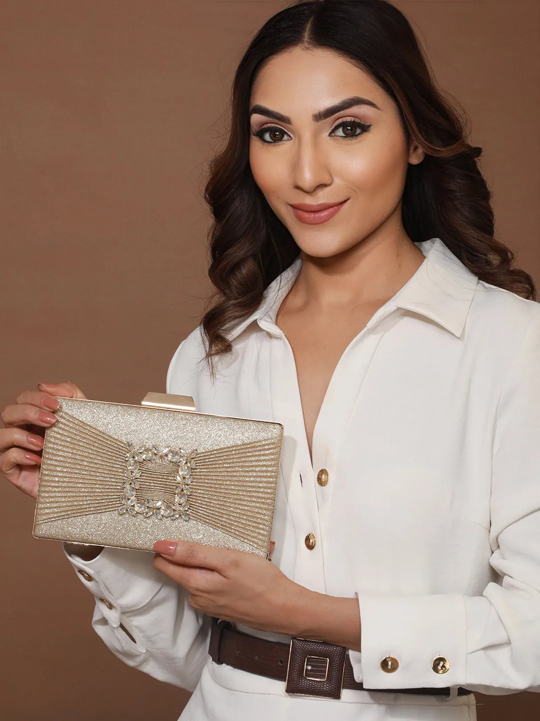 Bow-some Floral Studded Golden Shimmer Clutch