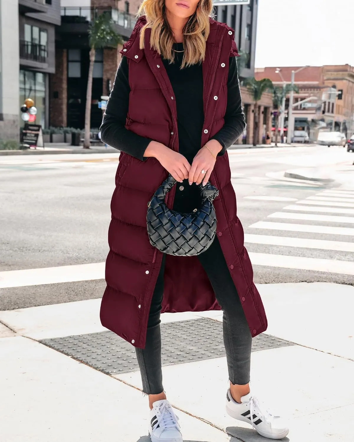 BTFBM Long Puffer Vest Women Quilted Hooded Button Down Zip Up Sleeveless Vests Outerwear Padded Jacket Fall Winter Coat