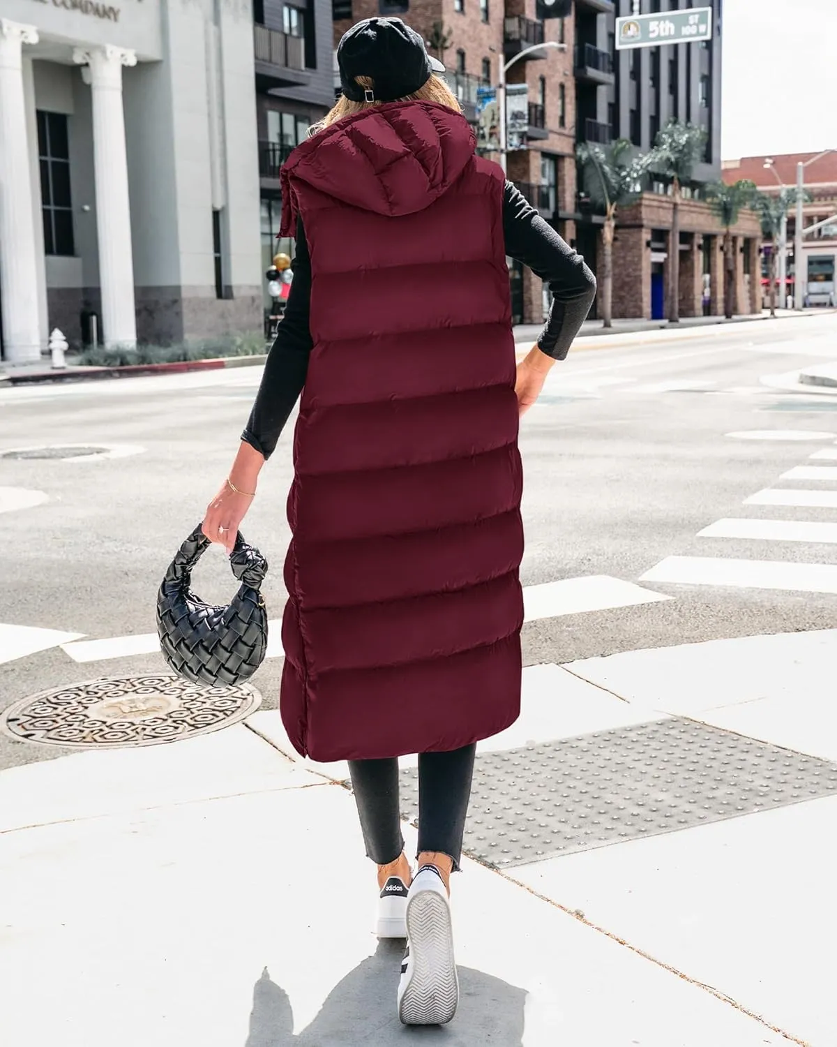 BTFBM Long Puffer Vest Women Quilted Hooded Button Down Zip Up Sleeveless Vests Outerwear Padded Jacket Fall Winter Coat