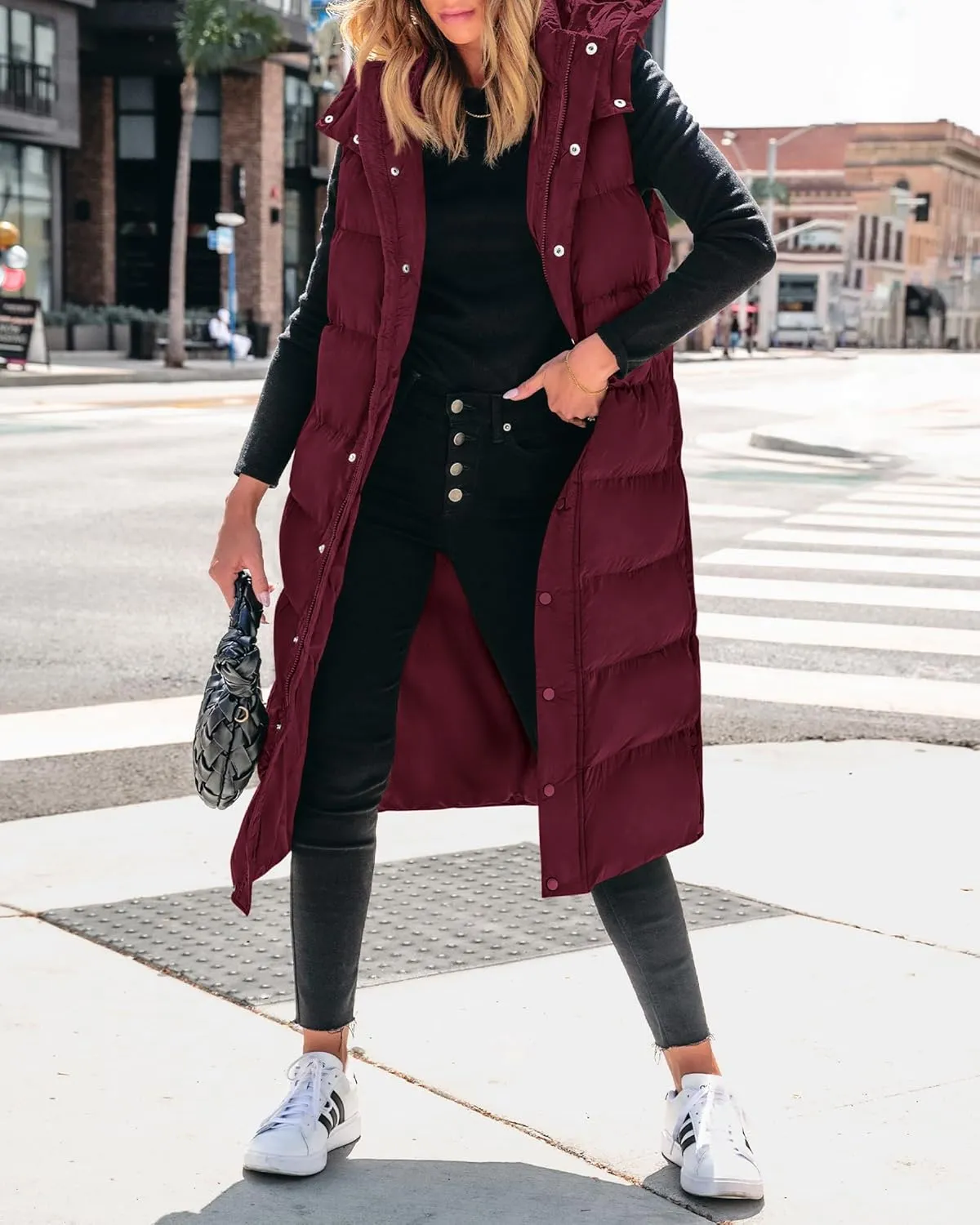 BTFBM Long Puffer Vest Women Quilted Hooded Button Down Zip Up Sleeveless Vests Outerwear Padded Jacket Fall Winter Coat