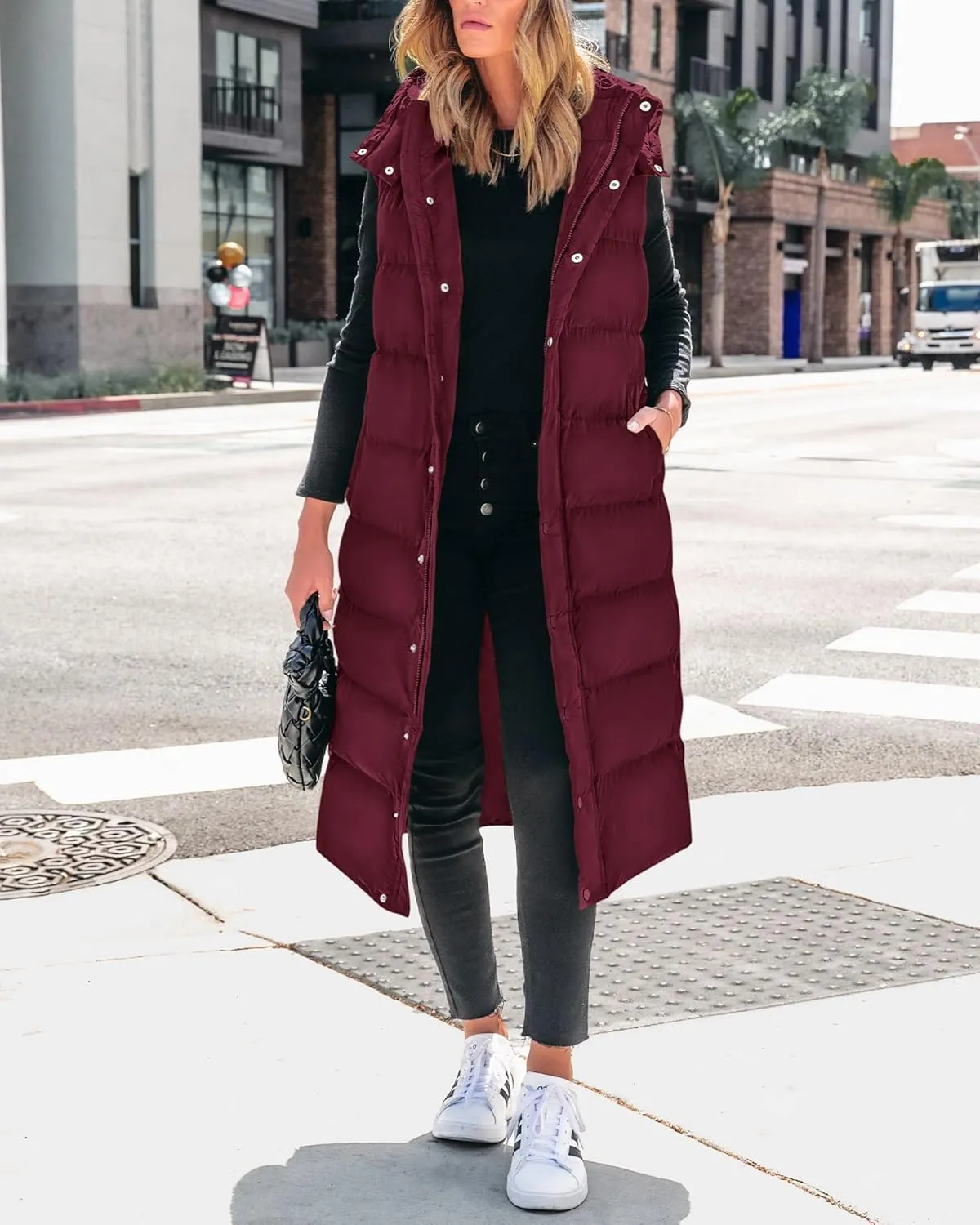 BTFBM Long Puffer Vest Women Quilted Hooded Button Down Zip Up Sleeveless Vests Outerwear Padded Jacket Fall Winter Coat