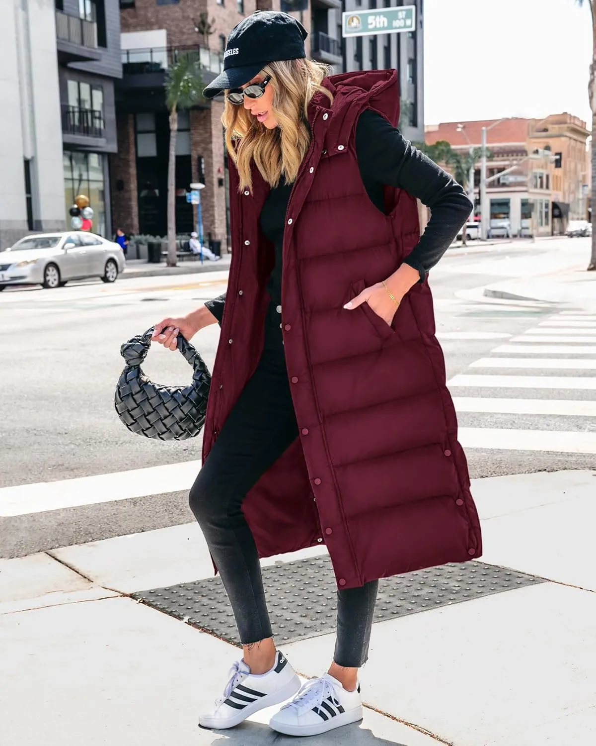 BTFBM Long Puffer Vest Women Quilted Hooded Button Down Zip Up Sleeveless Vests Outerwear Padded Jacket Fall Winter Coat