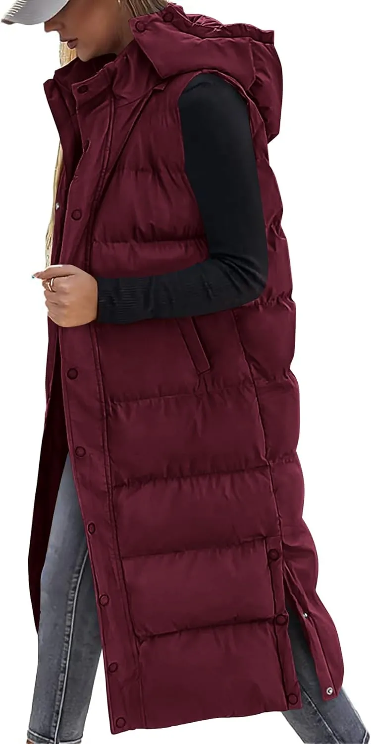 BTFBM Long Puffer Vest Women Quilted Hooded Button Down Zip Up Sleeveless Vests Outerwear Padded Jacket Fall Winter Coat