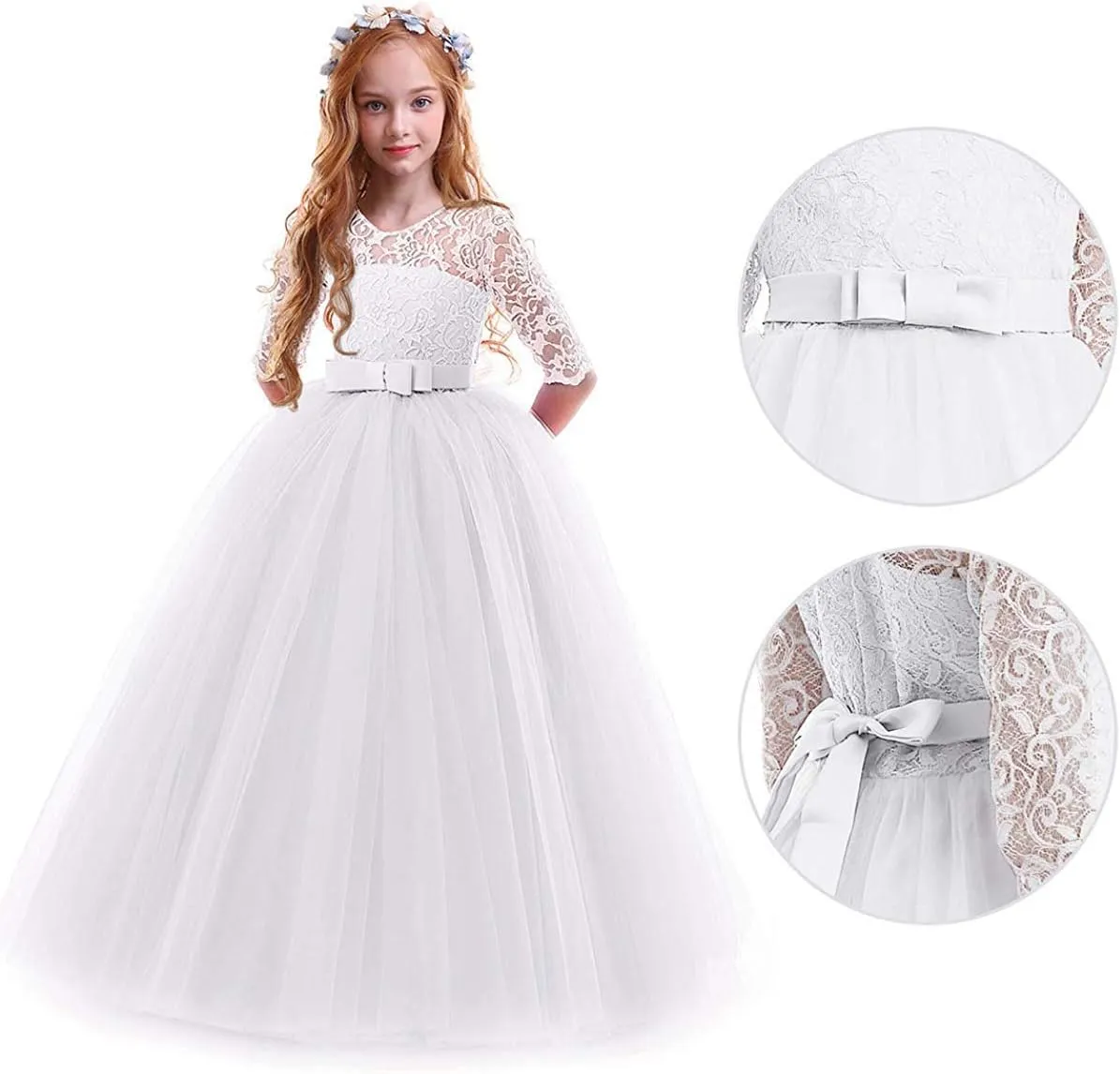 Flower Girls Vintage Lace 3/4 Sleeve Bridesmaid Velvet Dress Princess Wedding Party Pageant Evening Formal Prom Ball Gown