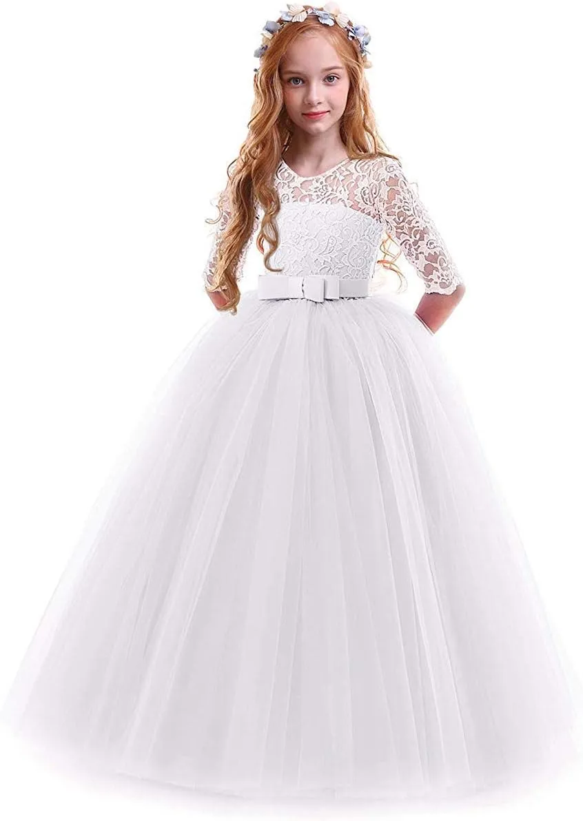 Flower Girls Vintage Lace 3/4 Sleeve Bridesmaid Velvet Dress Princess Wedding Party Pageant Evening Formal Prom Ball Gown