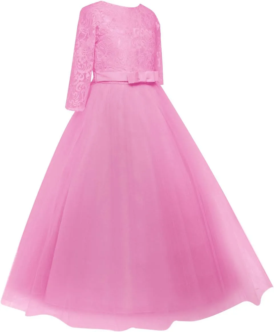 Flower Girls Vintage Lace 3/4 Sleeve Bridesmaid Velvet Dress Princess Wedding Party Pageant Evening Formal Prom Ball Gown