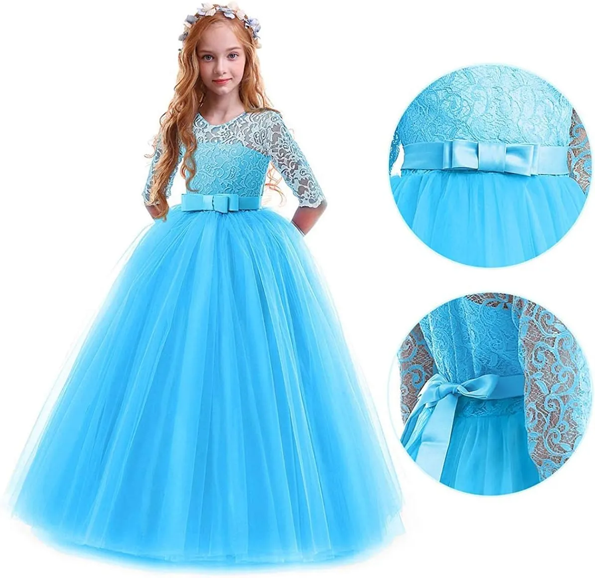 Flower Girls Vintage Lace 3/4 Sleeve Bridesmaid Velvet Dress Princess Wedding Party Pageant Evening Formal Prom Ball Gown