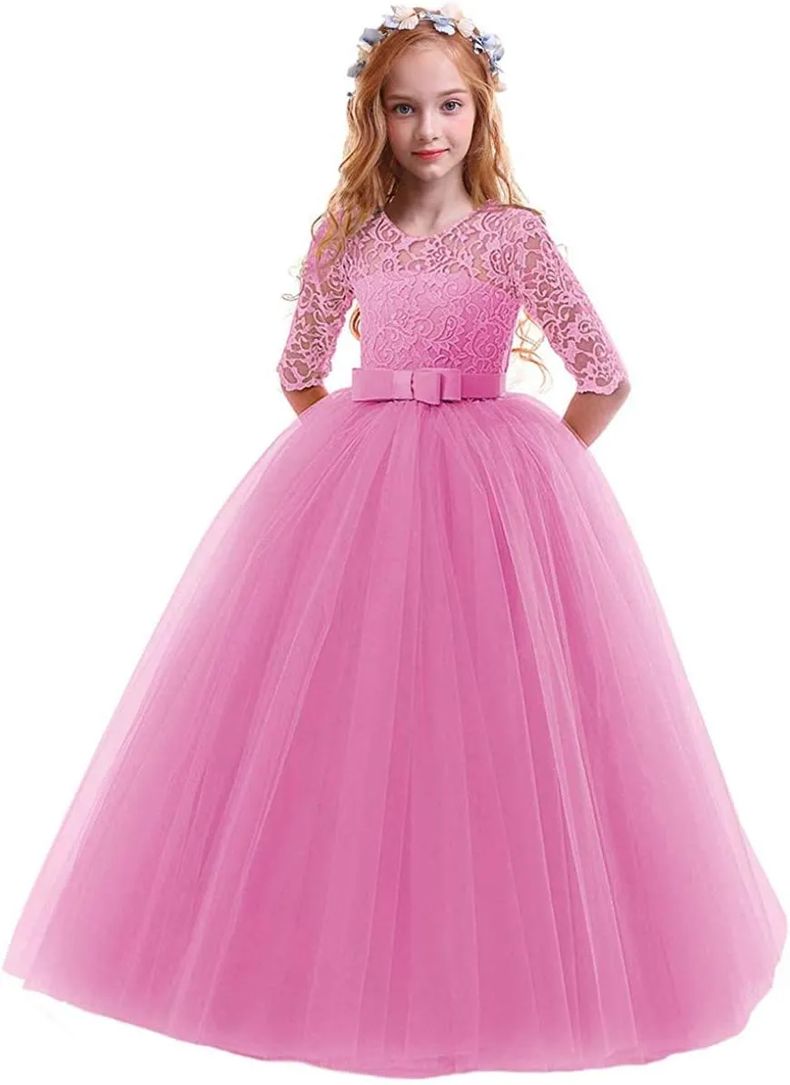Flower Girls Vintage Lace 3/4 Sleeve Bridesmaid Velvet Dress Princess Wedding Party Pageant Evening Formal Prom Ball Gown
