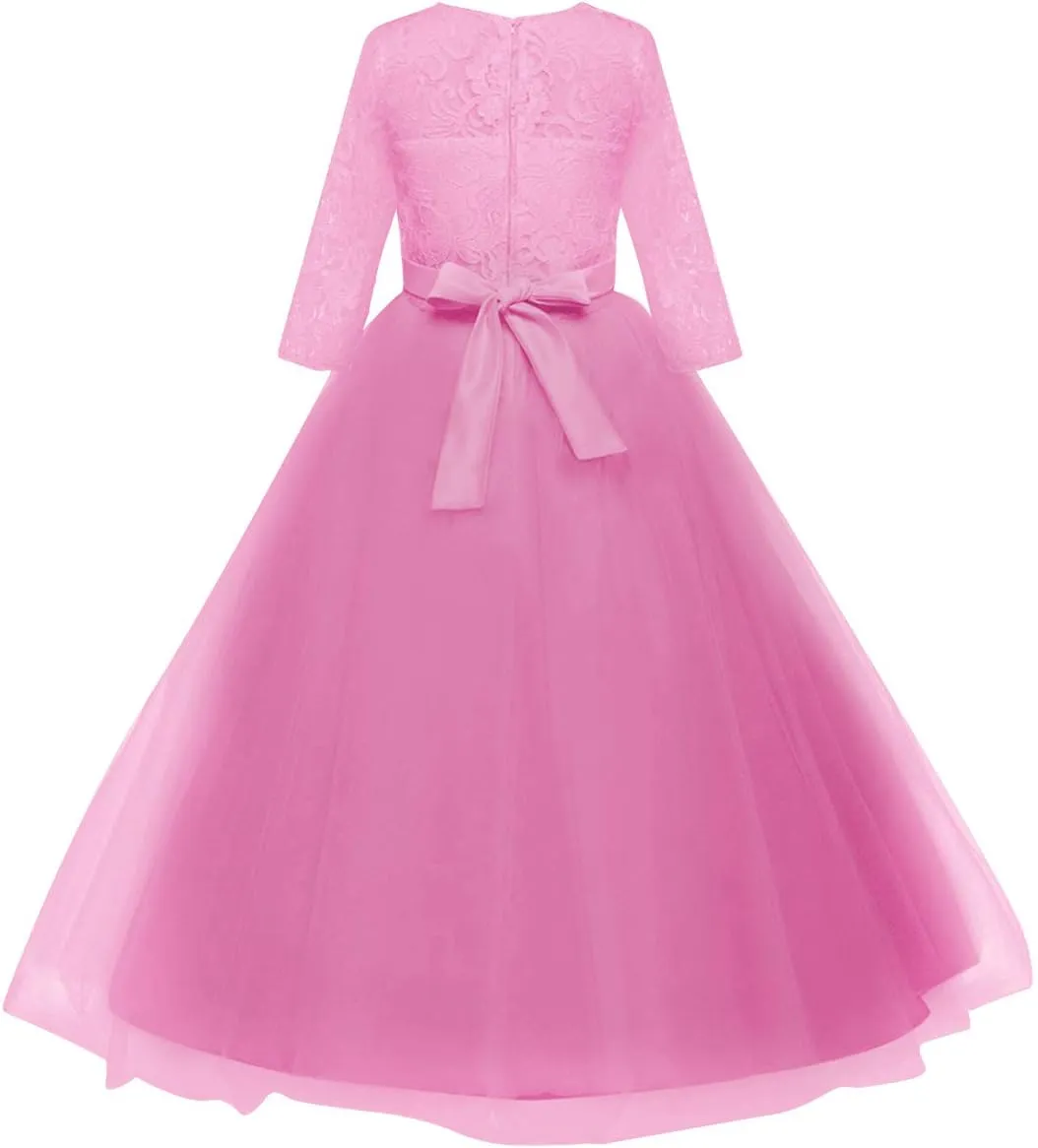 Flower Girls Vintage Lace 3/4 Sleeve Bridesmaid Velvet Dress Princess Wedding Party Pageant Evening Formal Prom Ball Gown
