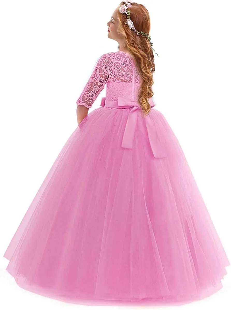 Flower Girls Vintage Lace 3/4 Sleeve Bridesmaid Velvet Dress Princess Wedding Party Pageant Evening Formal Prom Ball Gown