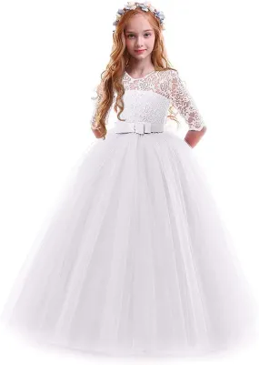 Flower Girls Vintage Lace 3/4 Sleeve Bridesmaid Velvet Dress Princess Wedding Party Pageant Evening Formal Prom Ball Gown
