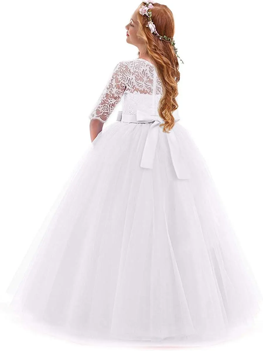 Flower Girls Vintage Lace 3/4 Sleeve Bridesmaid Velvet Dress Princess Wedding Party Pageant Evening Formal Prom Ball Gown
