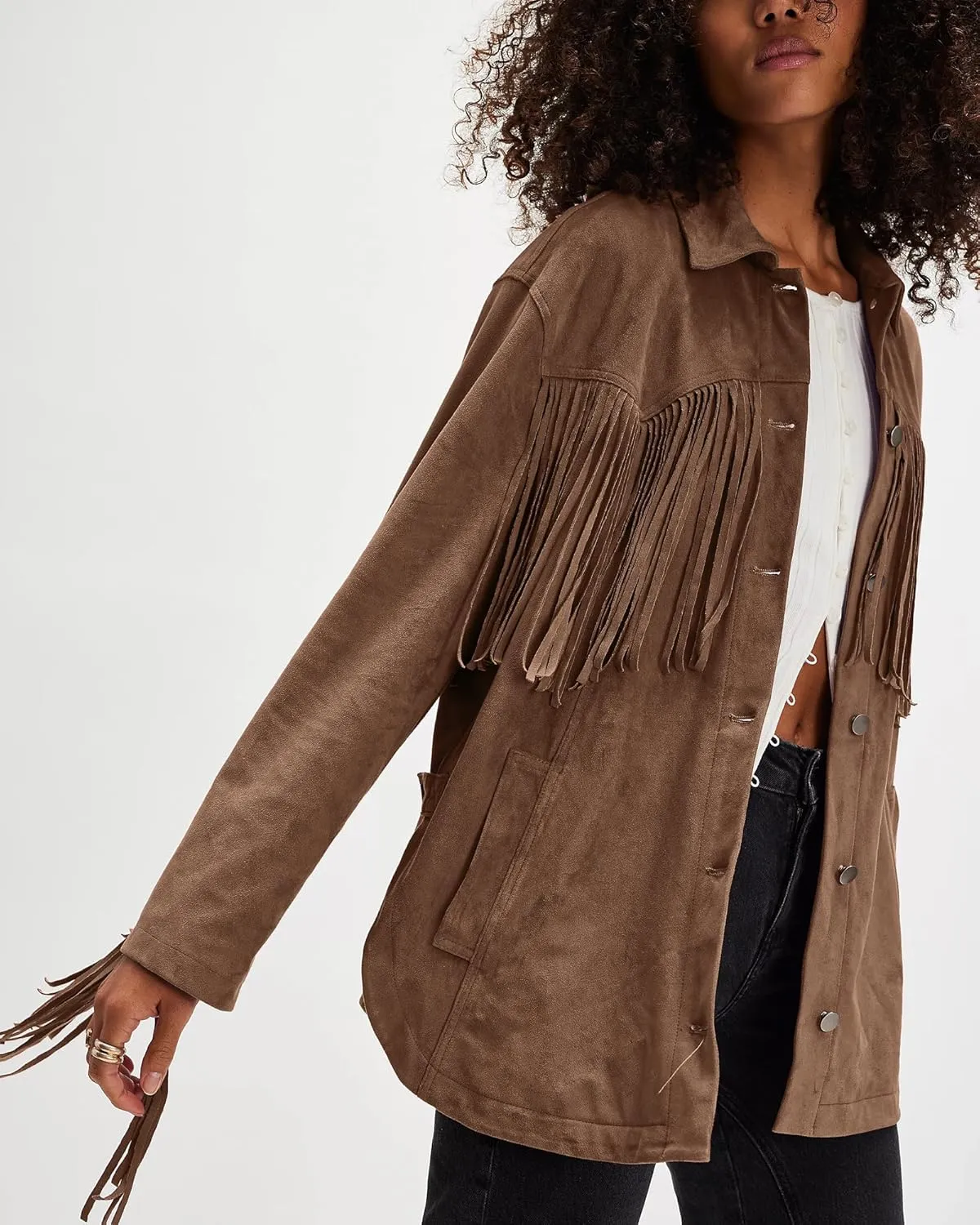 Gacaky Women's Oversized Faux Suede Fringe Jacket Vintage Western Cowgirl Tassel Jackets Country Concert Outfits