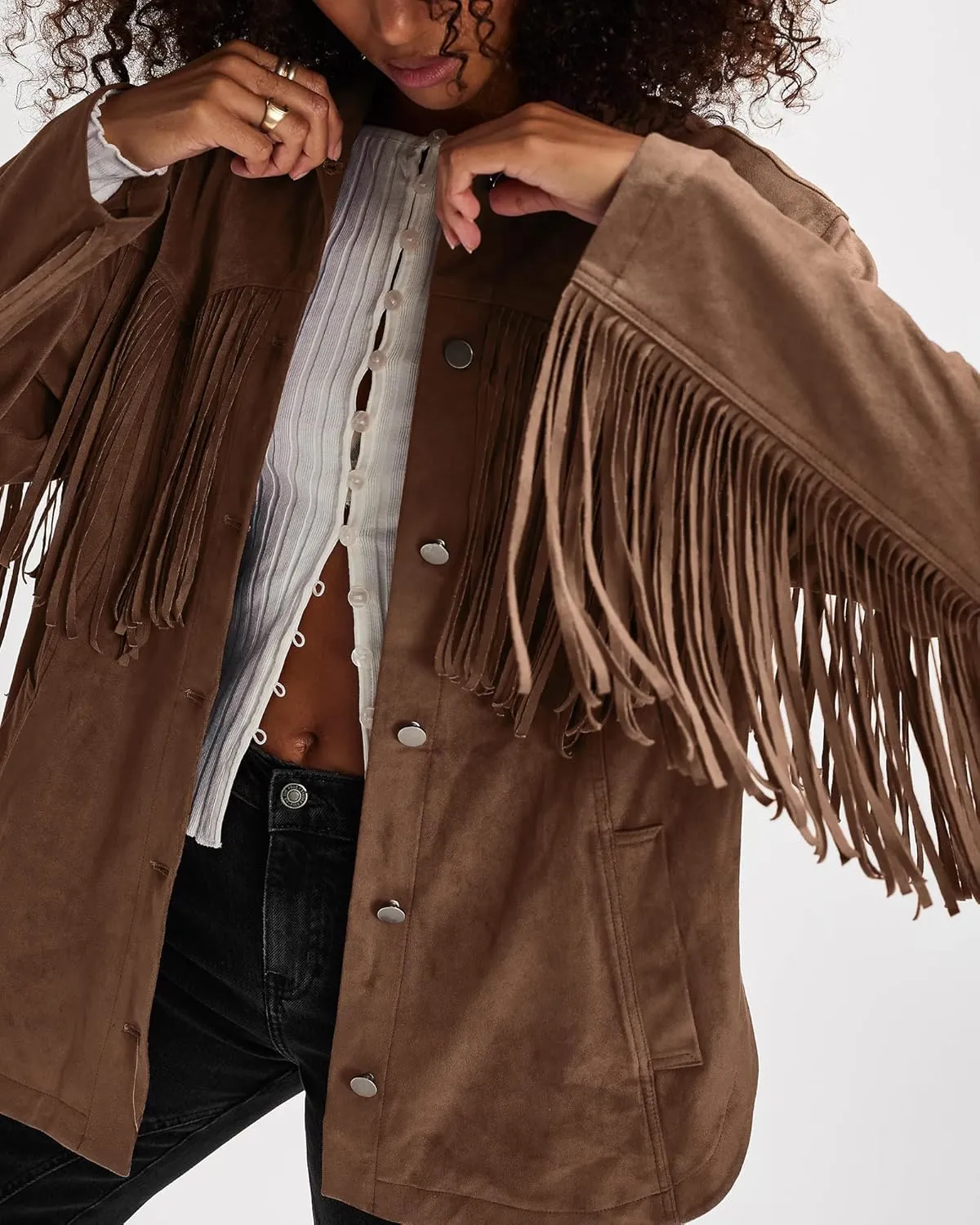 Gacaky Women's Oversized Faux Suede Fringe Jacket Vintage Western Cowgirl Tassel Jackets Country Concert Outfits