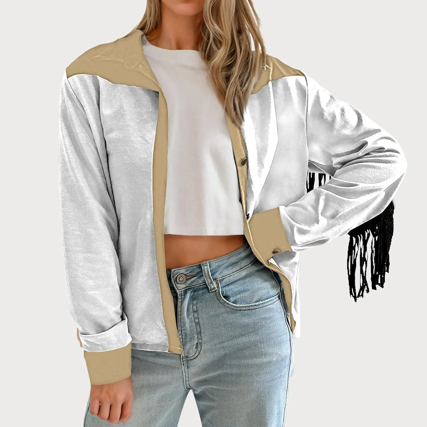 HGps8w Women's Fringe Jackets Fashion Color Block Tassel Motorcycle Cropped Coats Retro Cowgirl Cardigan Outerwear