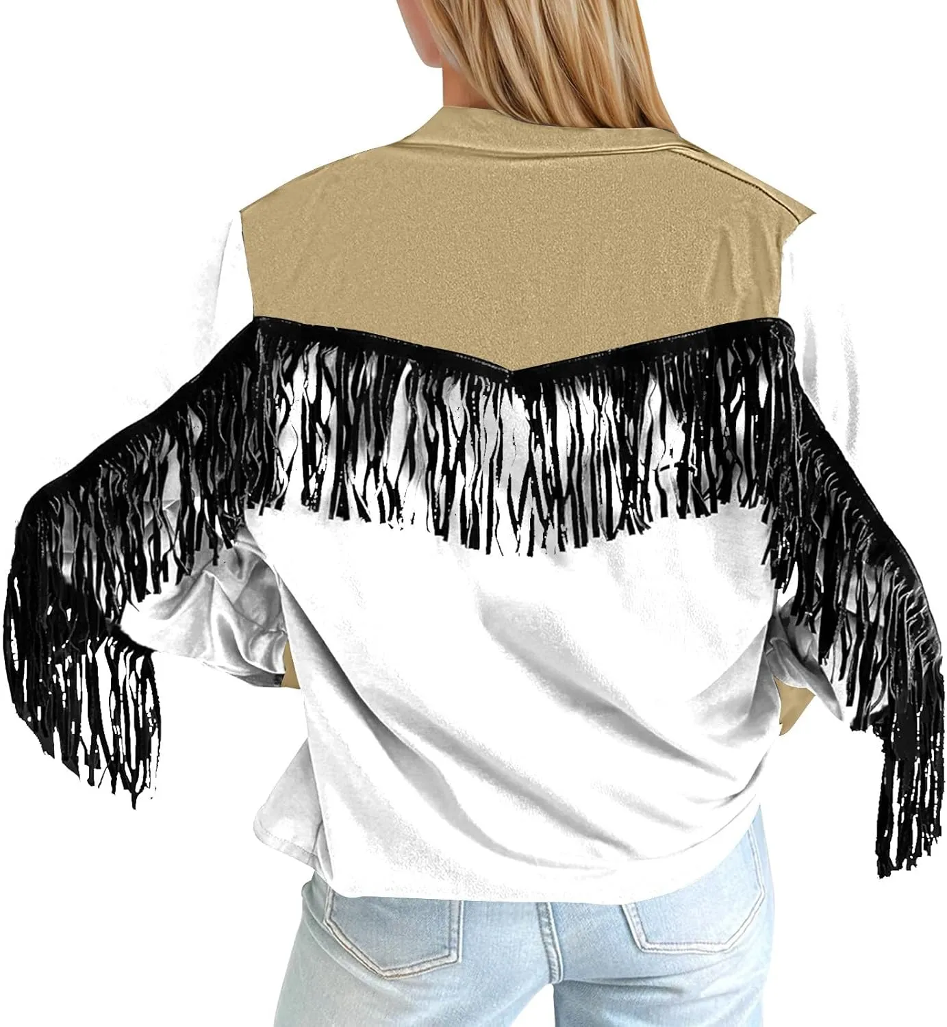 HGps8w Women's Fringe Jackets Fashion Color Block Tassel Motorcycle Cropped Coats Retro Cowgirl Cardigan Outerwear