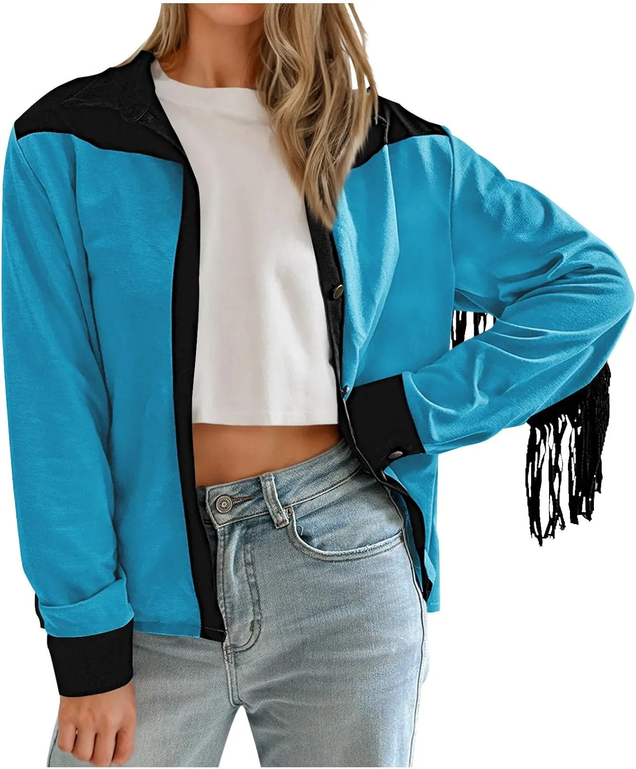HGps8w Women's Fringe Jackets Fashion Color Block Tassel Motorcycle Cropped Coats Retro Cowgirl Cardigan Outerwear