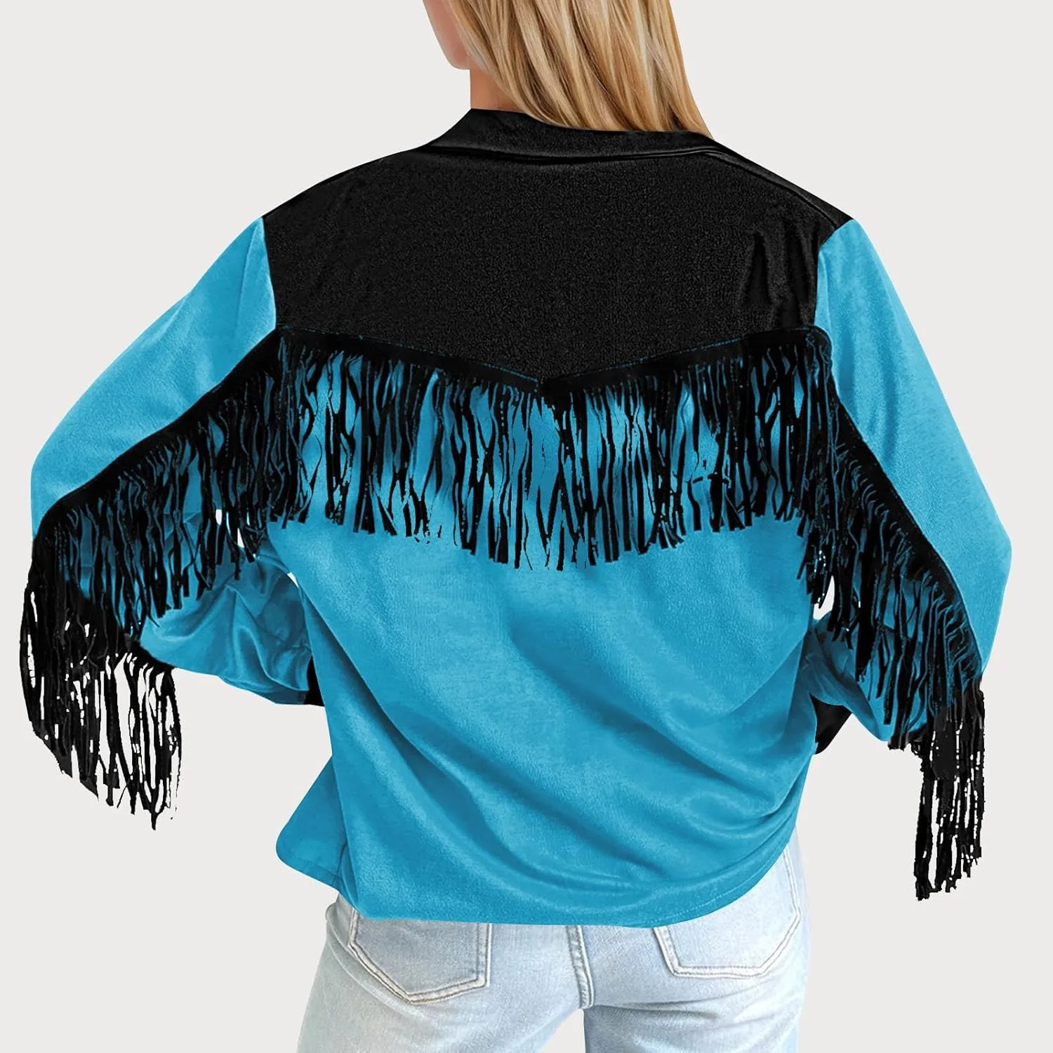 HGps8w Women's Fringe Jackets Fashion Color Block Tassel Motorcycle Cropped Coats Retro Cowgirl Cardigan Outerwear