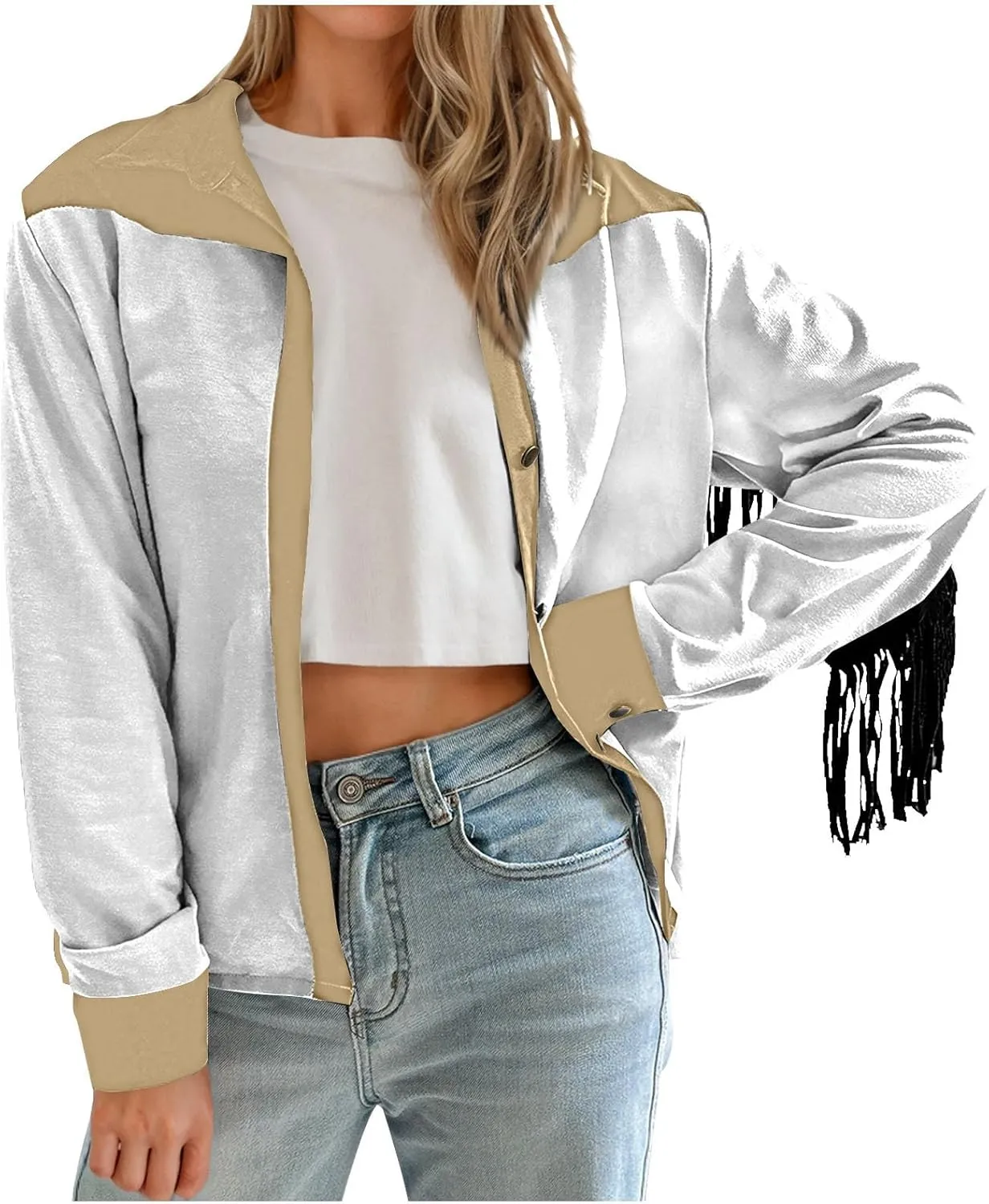HGps8w Women's Fringe Jackets Fashion Color Block Tassel Motorcycle Cropped Coats Retro Cowgirl Cardigan Outerwear