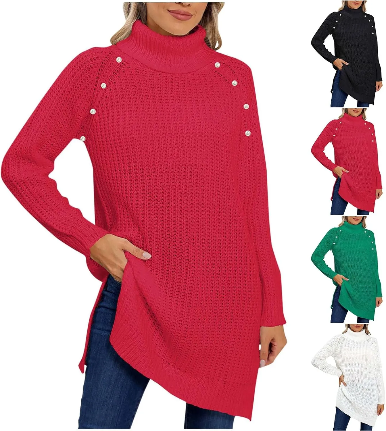 HGps8w Women's Turtleneck Sweater Oversized Long Sleeve Split Hem Casual Knit Pullover Tunic Tops Mini Dress