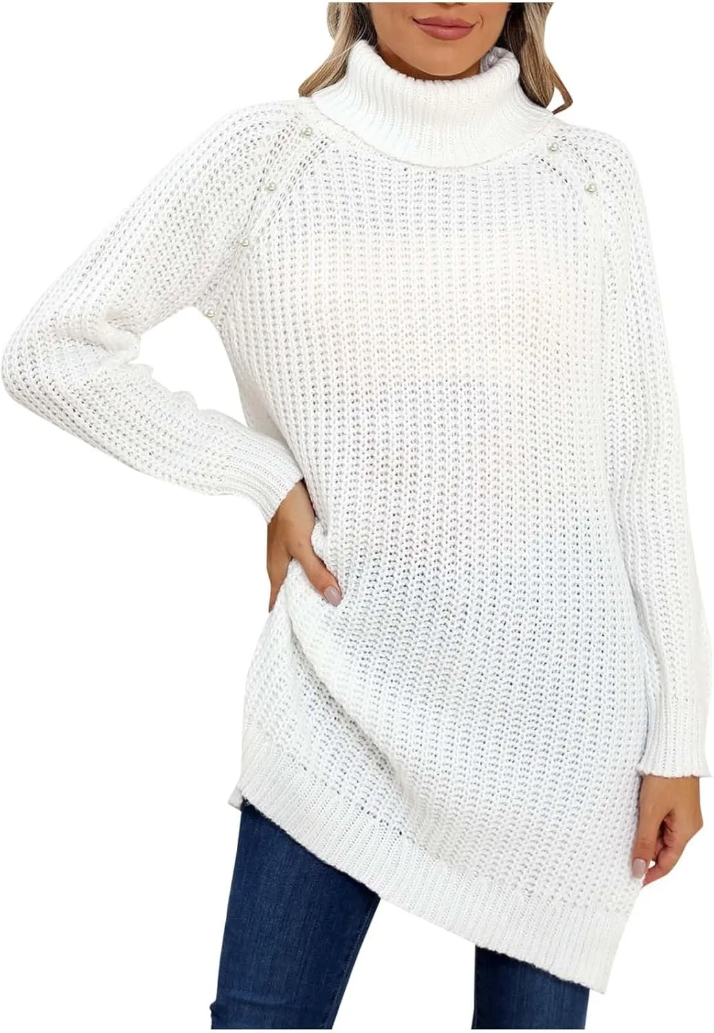 HGps8w Women's Turtleneck Sweater Oversized Long Sleeve Split Hem Casual Knit Pullover Tunic Tops Mini Dress