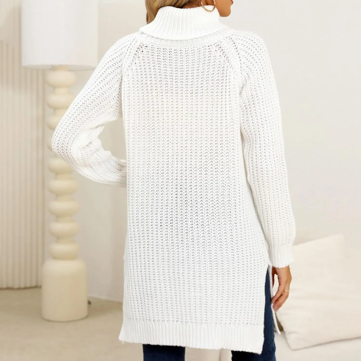 HGps8w Women's Turtleneck Sweater Oversized Long Sleeve Split Hem Casual Knit Pullover Tunic Tops Mini Dress
