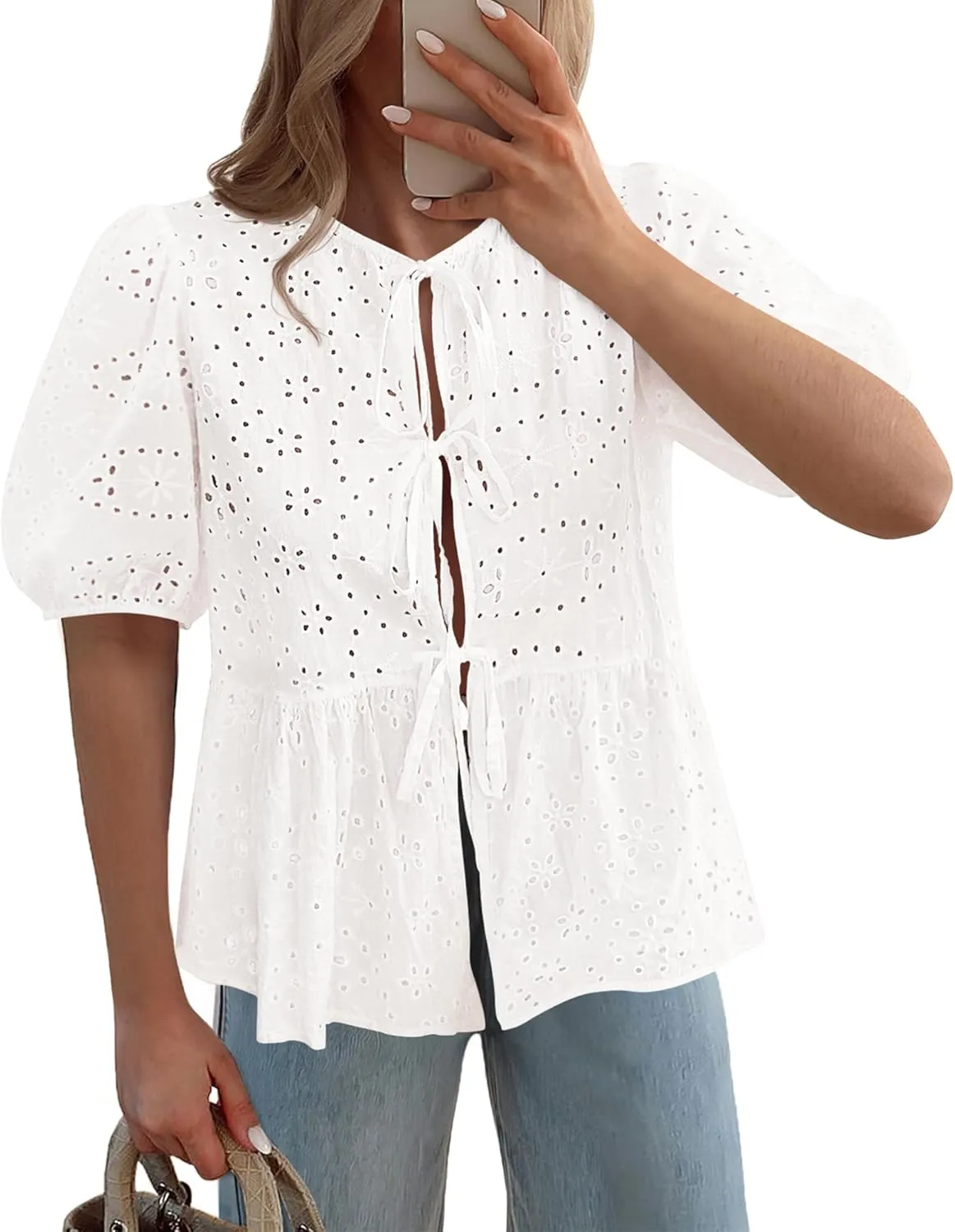 KIRUNDO Womens Tops Dressy Casual Tie Front Shirts Short Lantern Sleeve Hollow Out Lace Embroidered Babydoll Blouses