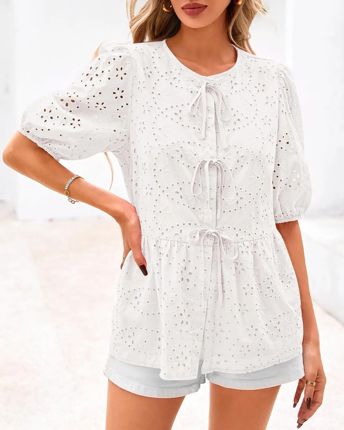 KIRUNDO Womens Tops Dressy Casual Tie Front Shirts Short Lantern Sleeve Hollow Out Lace Embroidered Babydoll Blouses
