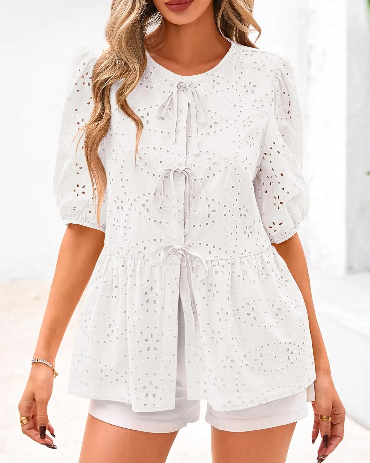 KIRUNDO Womens Tops Dressy Casual Tie Front Shirts Short Lantern Sleeve Hollow Out Lace Embroidered Babydoll Blouses