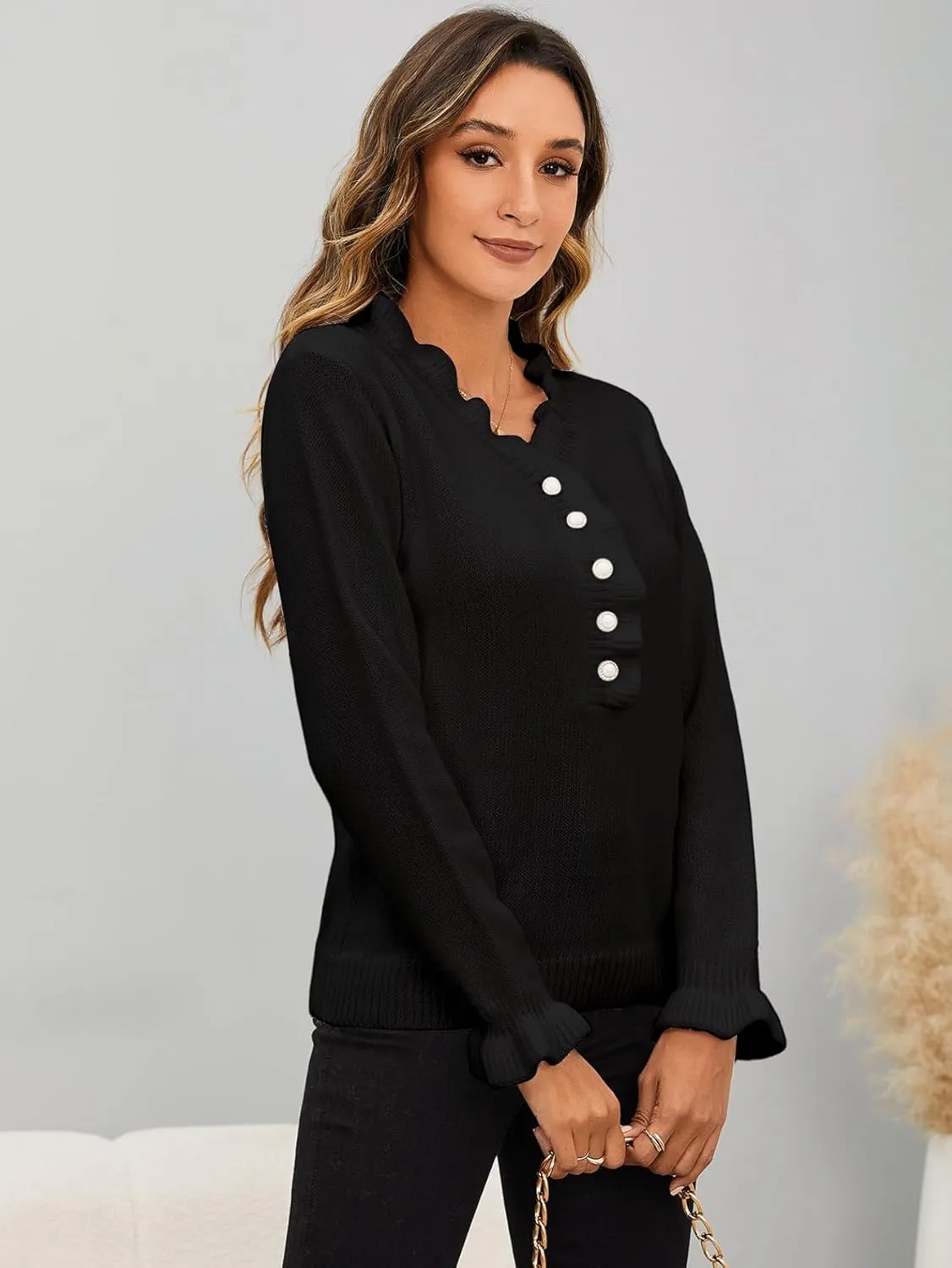 MakeMeChic Women's Pearl Beaded Long Sleeve Sweater V Neck Ruffle Trim Knitted Pullover Tops