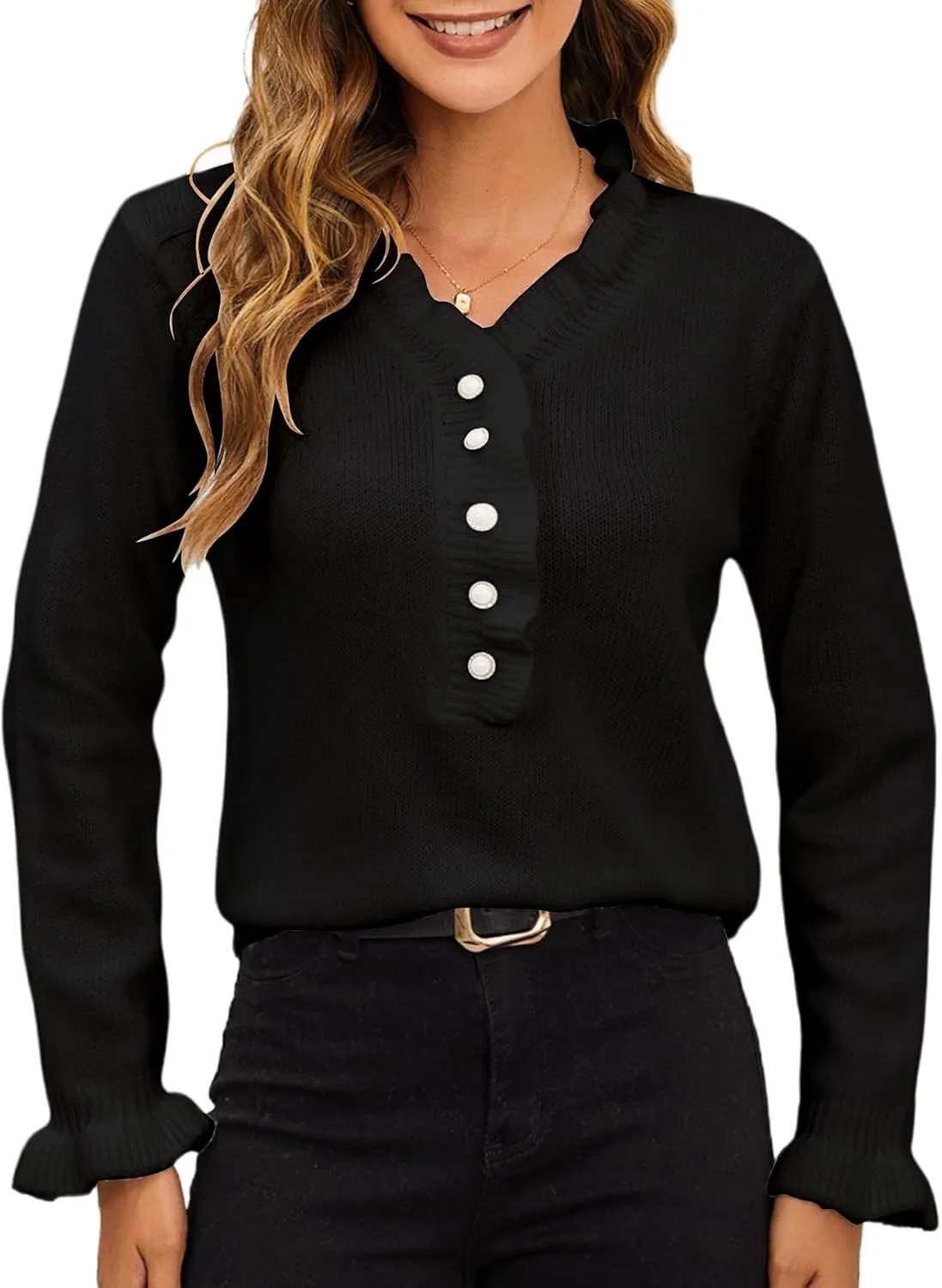 MakeMeChic Women's Pearl Beaded Long Sleeve Sweater V Neck Ruffle Trim Knitted Pullover Tops