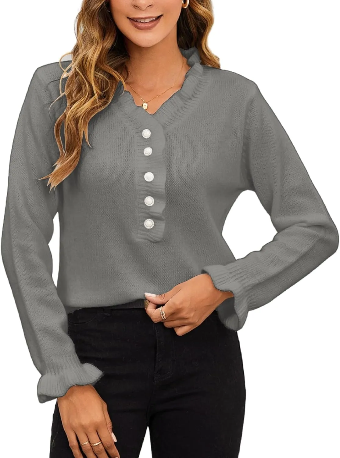MakeMeChic Women's Pearl Beaded Long Sleeve Sweater V Neck Ruffle Trim Knitted Pullover Tops
